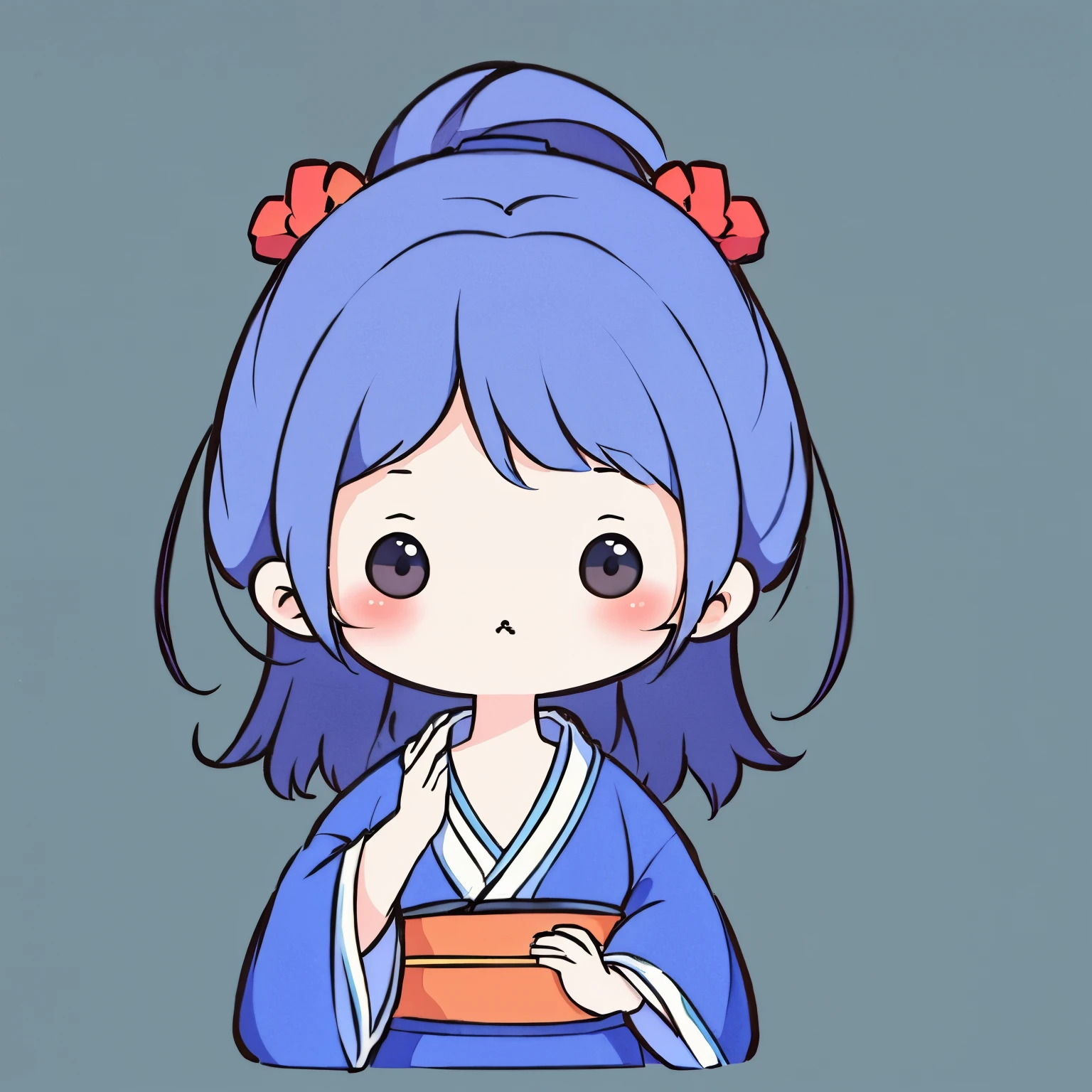 masterpiece, Emperor's wife in the Chinese court, elegant and gorgeous kimono and decorations, blue hair, blue kimono, exposed chest, background monochromatic pastel colors, lots of question marks, chibi avatar, c1b1, black eyes