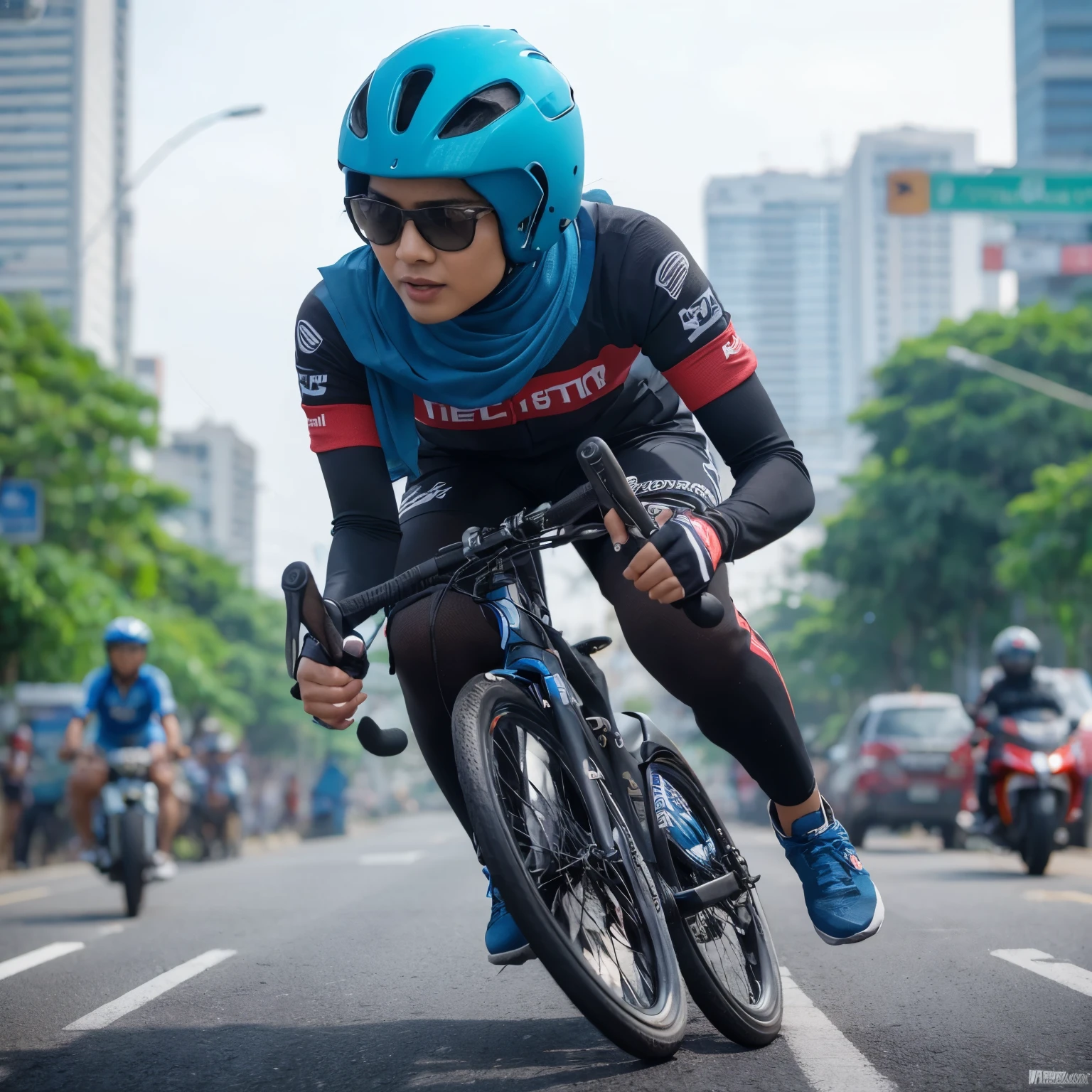 "Karikatur 4D, wanita Indonesia 40 tahun, mengenakan hijab, mengenakan helm sepeda berwarna biru, memakai jersey tangan panjang perpaduan warna hitam dan merah, memakai sarung tangan sepeda, celana panjang, mengendarai sepeda roadbike, di jalan dekat kota jakarta, latar belakang jalan indonesia, hyper-realistis, kontras tinggi, efek warna tinggi, 8K, detail, fokus"