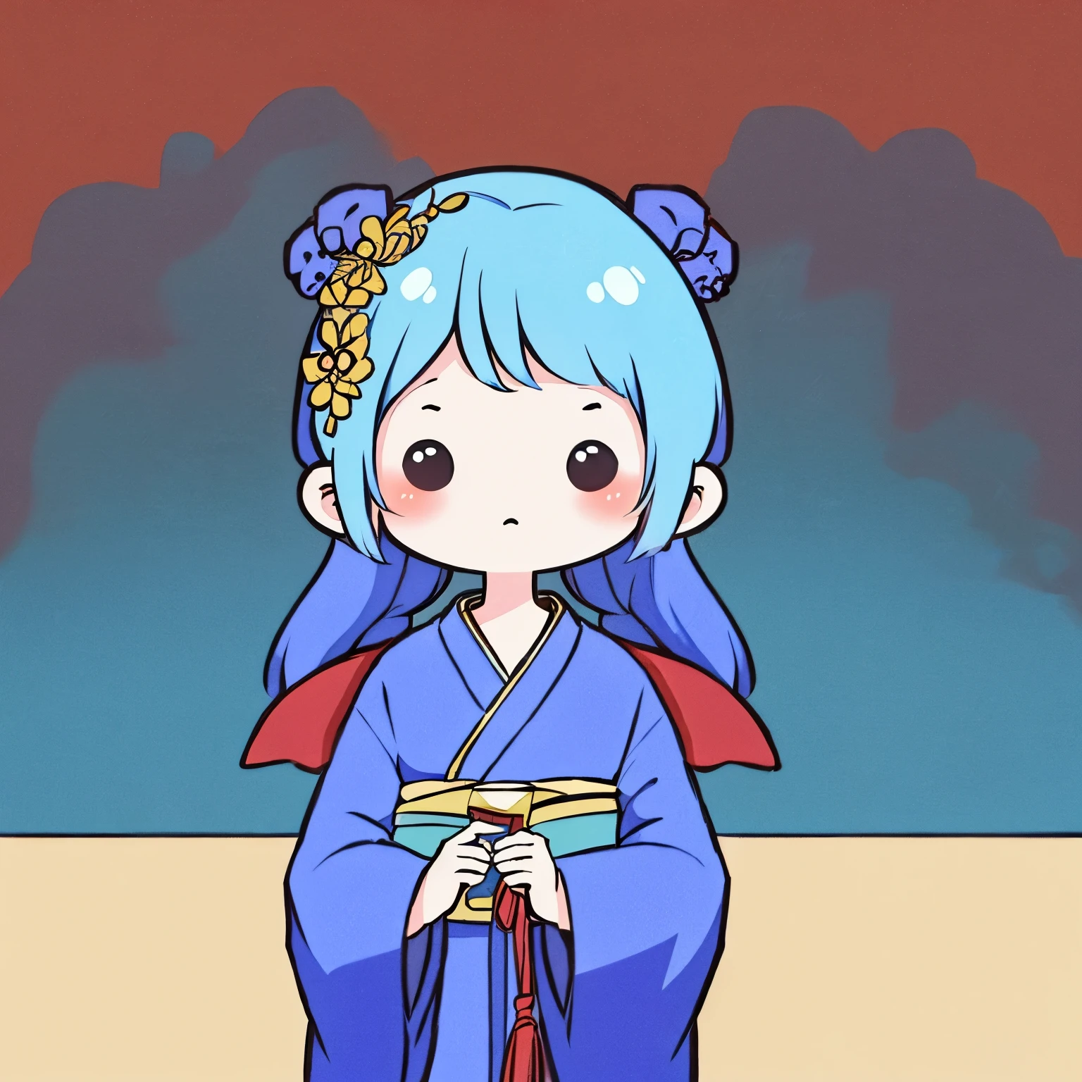 masterpiece, Emperor's wife in the Chinese court, elegant and gorgeous kimono and decorations, blue hair, blue kimono, exposed chest, background monochromatic pastel colors, lots of question marks, chibi avatar, c1b1, black eyes