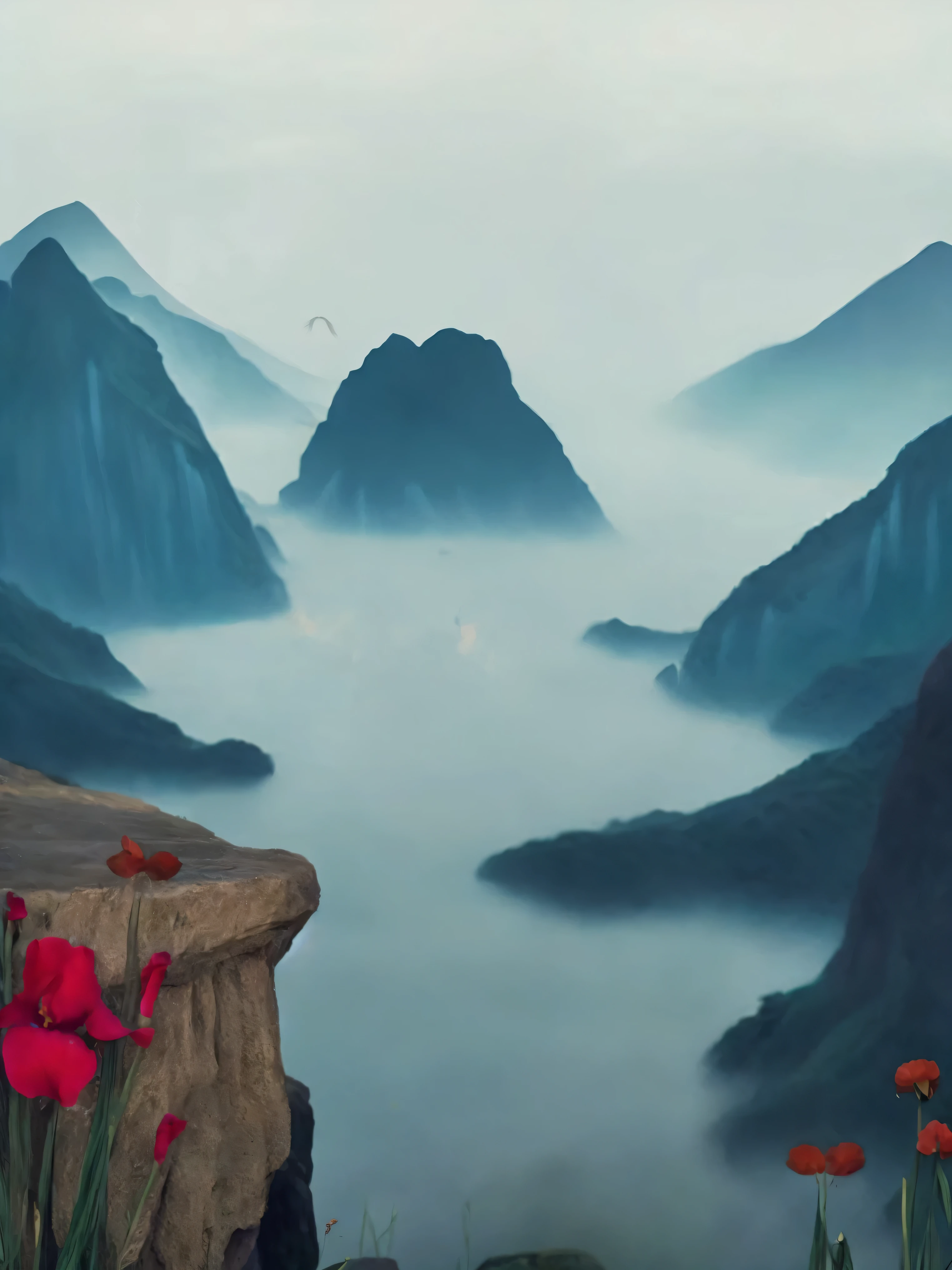 mountains and flowers are in the foreground of a misty lake, magic realism matte painting, dreamy matte painting, optimistic matte painting, fantasy matte painting, inspired by Roger Dean, matte painting in fantasy style, surreal matte painting, flat matte painting, illustration matte painting, soft focus matte painting, organic matte painting, exquisite matte painting, fantasy matte painting,cute, digital matte painting