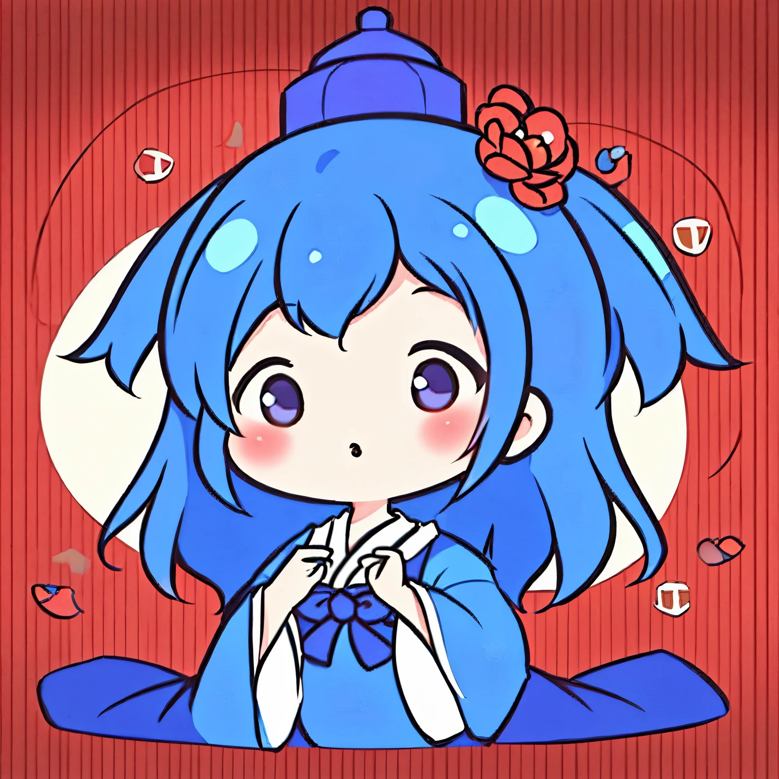 masterpiece, Emperor's wife in the Chinese court, elegant and gorgeous kimono and decorations, blue hair, blue kimono, exposed chest, background monochromatic pastel colors, lots of question marks, chibi avatar, c1b1, black eyes