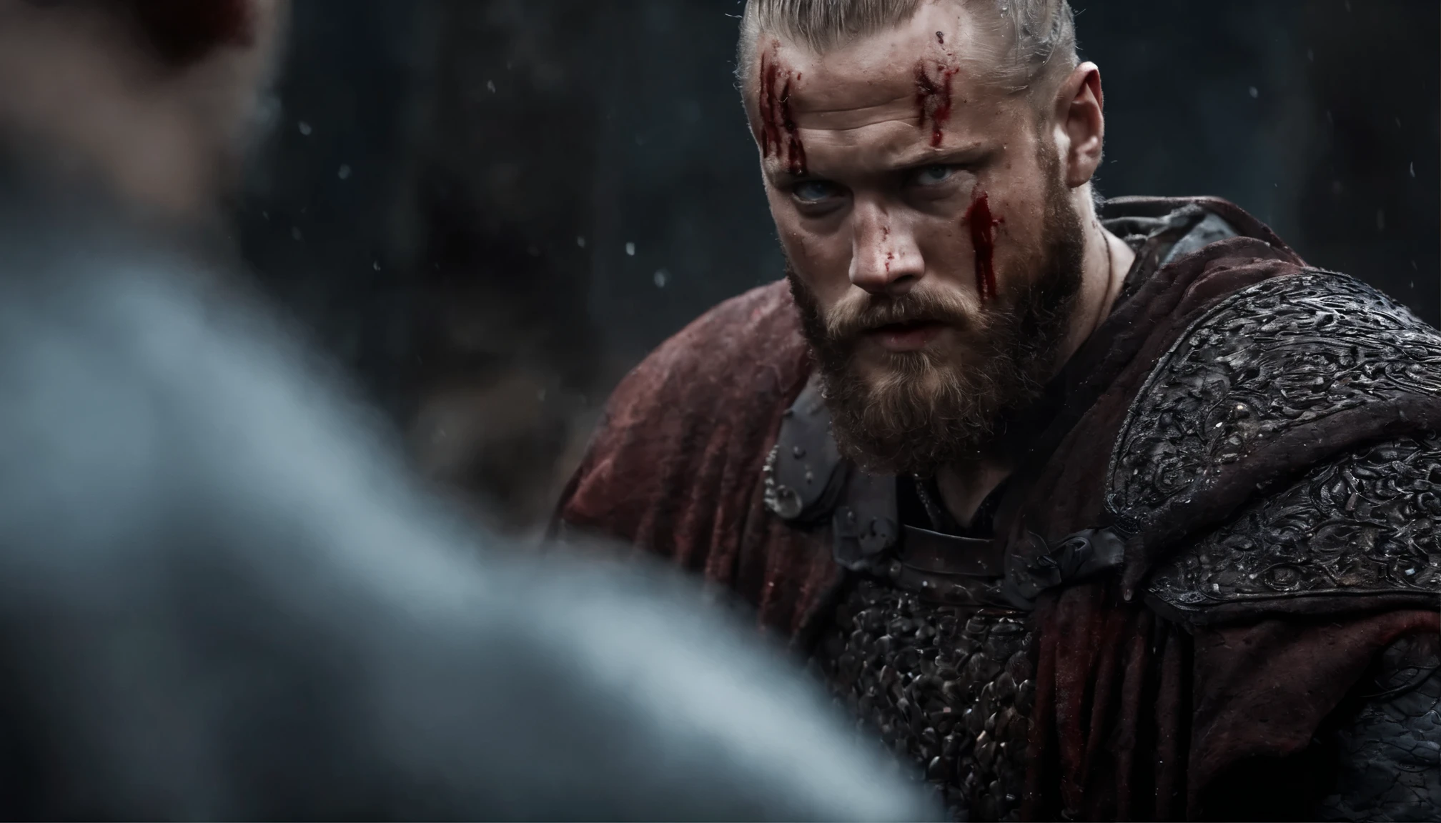 A hyper realistic image of Ragnar Lothbrok, his face covered in blood and his eyes sparkling with determination, standing against a dark and foreboding background.