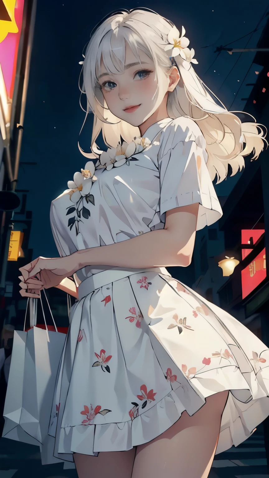 ((1girl, skirt lifted by the wind,showing white panties)),
Vulgar,low angle,from below, ((panty shot)),(nsfw), ((lifting skirt)),((white panties focus)), ((1girl, skirt lifted by the wind,showing elegant white pantieasterpiece:1.4, best quality)), ((masterpiece, highest resolution)), (beautiful illustration),semi long beautiful silver-blonde mix hair,
(white elegant blouse) and (flower printed elegant flair skirt), (looking at the viewer),
innocent smile, lovely smile,day,night,shopping mall street, neon,cinematic lighting,