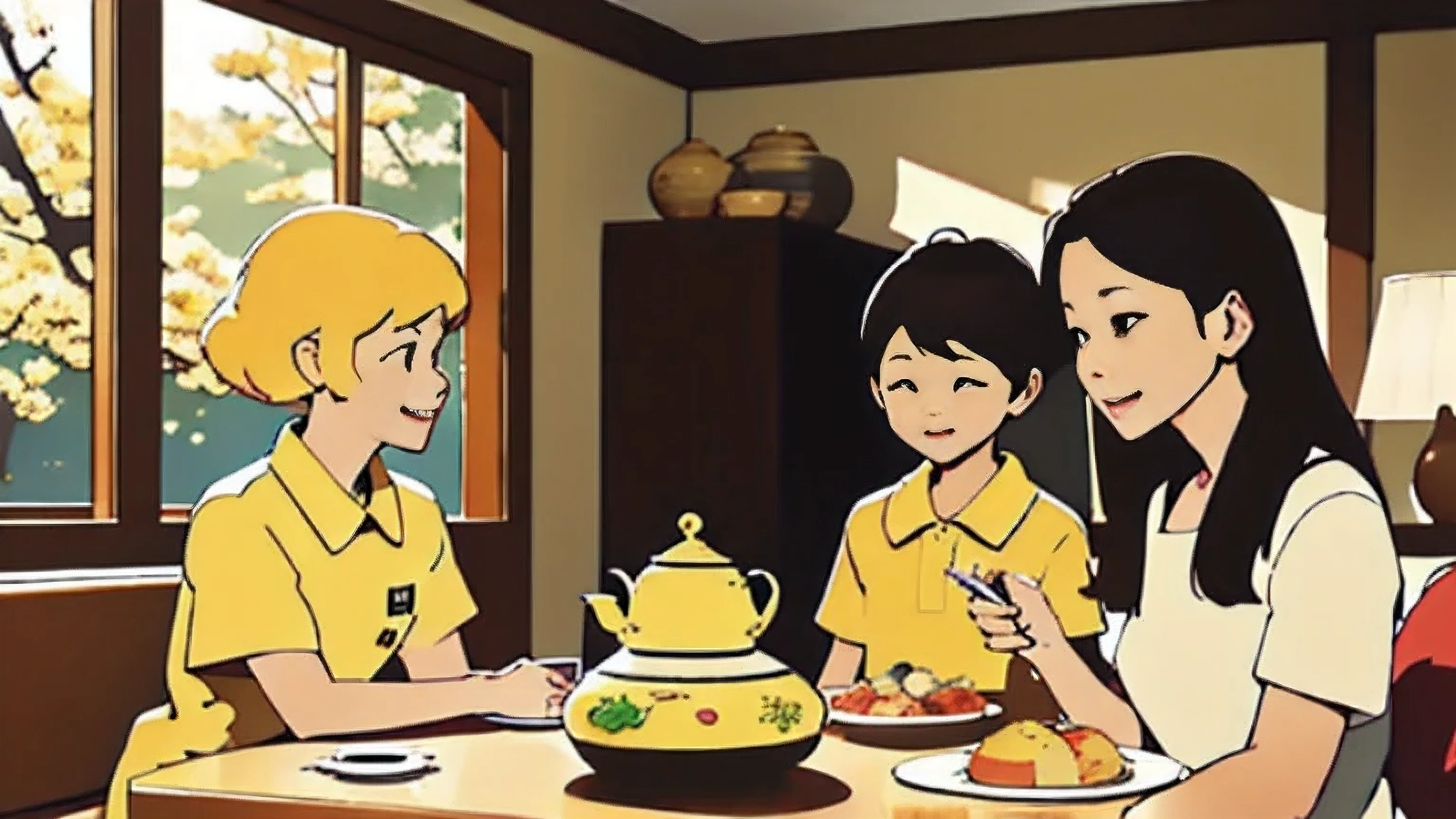 Scenario 2:Living room picture:
son(Ha ha):when talking about your mouth, Don't just think about eating.!
Mother:Not just thinking about eating。I don't have missing teeth、Not yellow,A few days ago, my old sisters and I went on a spring outing,拍照也Ha ha得挺好。