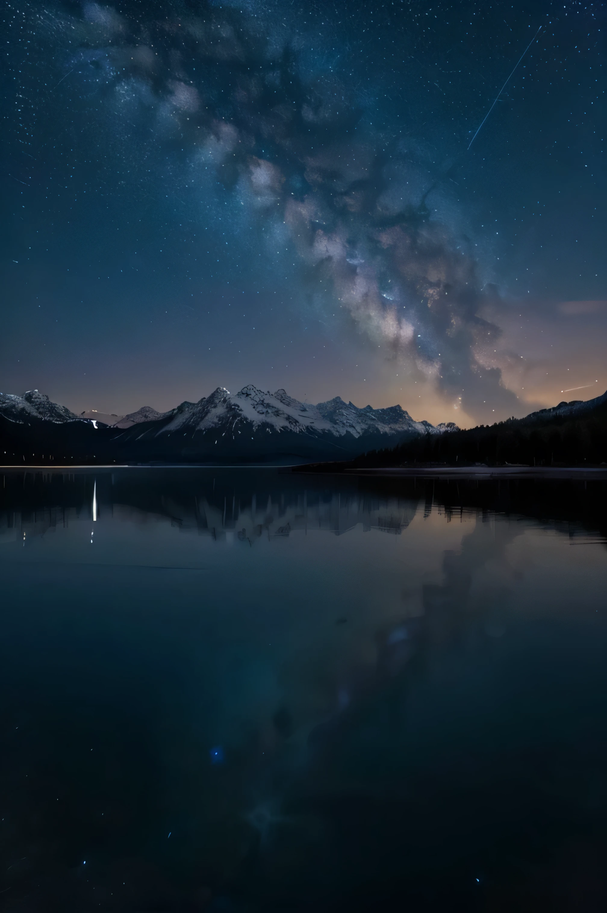 (best quality,4k,8k,highres,masterpiece:1.2),ultra-detailed,realistic, HDR,UHD,sharp focus,professional,vivid colors,bokeh,night,starlit sky,reflection on the lake,snow-capped mountains,pine trees,serene atmosphere,serene atmosphere,distant moonlight,peaceful,calm,twinkling stars,astrophotography,colorful hues,serene landscape,Serenity and tranquility of the night,Majestic beauty of nature,scenic beauty,endless expanse of the lake,crystal clear water,glowing radiance of the milky way,awe-inspiring view of the night sky,deep blue hues,peacefulness of the night,timeless beauty.