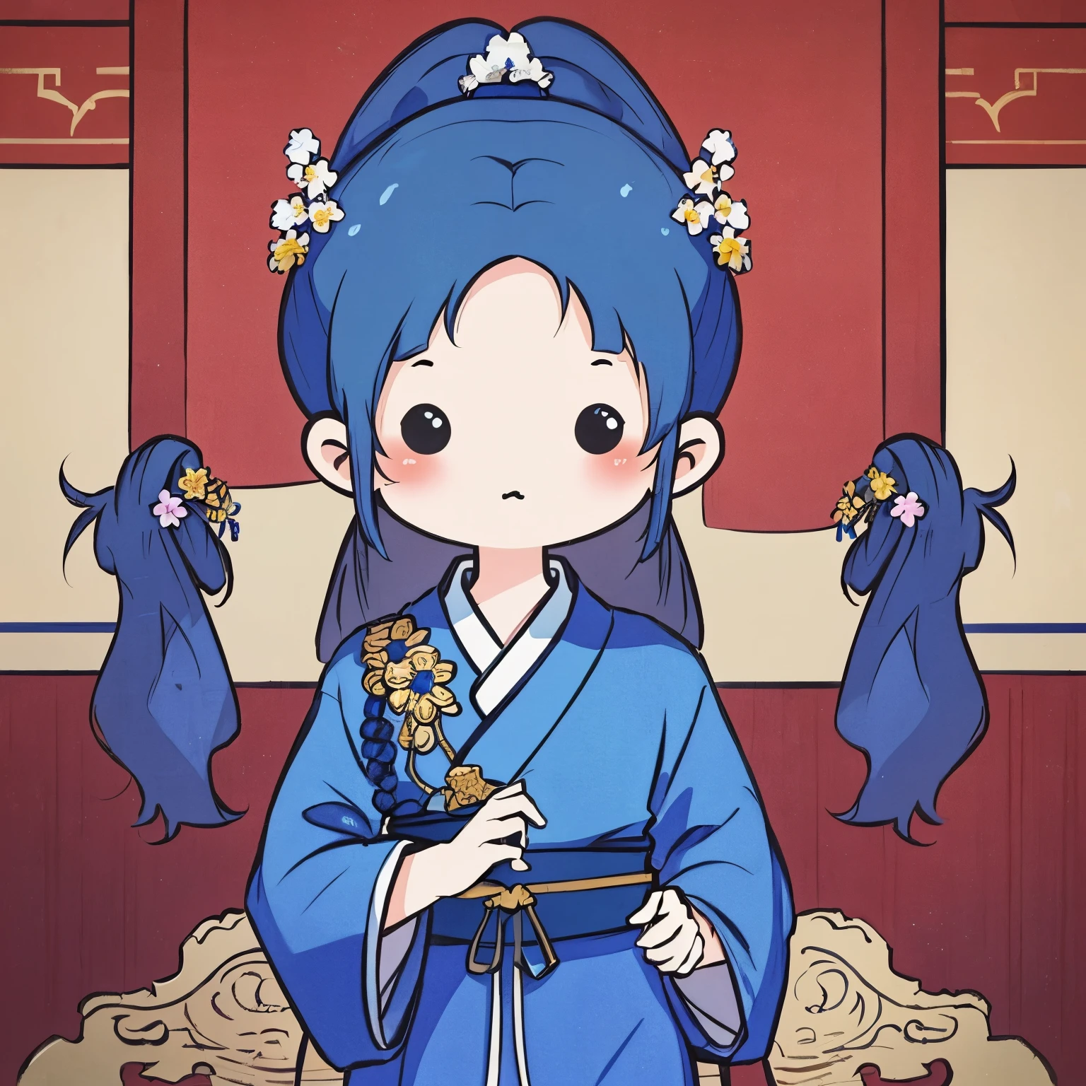 masterpiece, Emperor's wife in the Chinese court, elegant and gorgeous kimono and decorations, blue hair, blue kimono, exposed chest, background monochromatic pastel colors, lots of question marks, chibi avatar, c1b1, black eyes