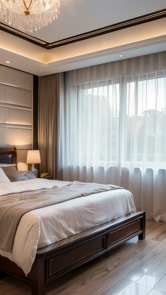 (best quality,4k,8k,highres,masterpiece:1.2),ultra-detailed,(realistic,photorealistic,photo-realistic:1.37),new Chinese style, master bedroom, afternoon, double bed, feature wall behind the bed, linear pendant light on the ceiling, wall covering, windows