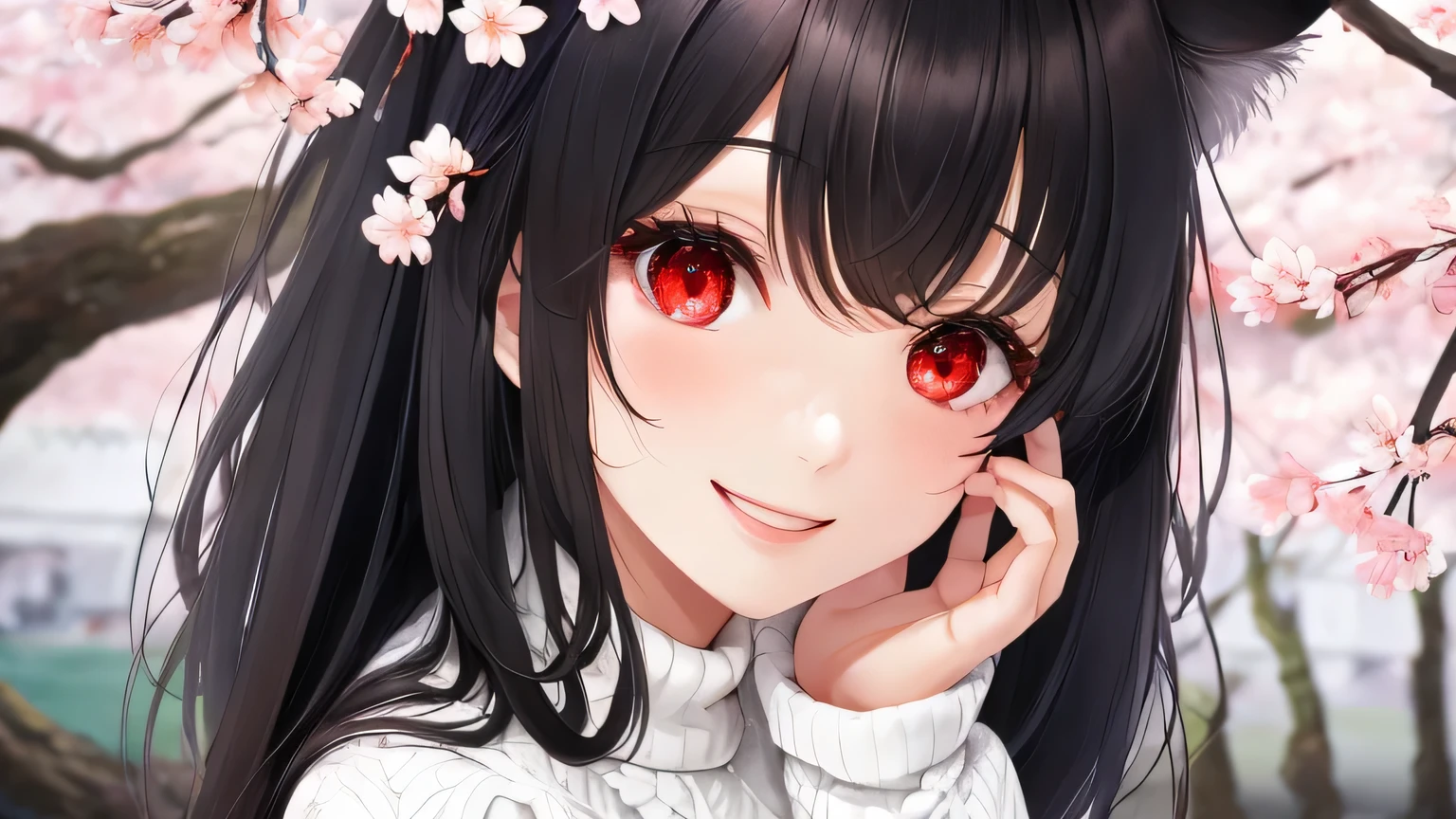 adult woman、red eyes、Big eyes、big smile、black wolf cut、white knit sweater、Portrait with cherry blossoms
