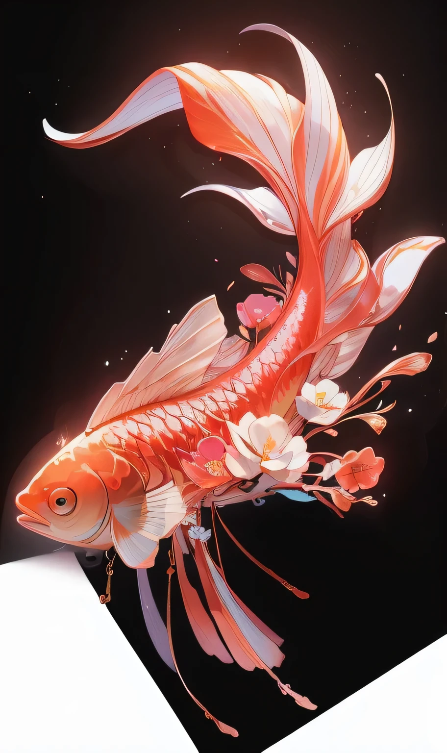 A goldfish with a big long tail,Decorate with flowers, Beautiful digital illustrations, beautiful digital artwork, A beautiful artistic illustration, Stunning digital illustrations, Require fish, Beautiful digital illustration, floating Require fish, Gorgeous digital art, Require fish floating in space, very beautiful digital art, beautiful digital art, beautiful Gorgeous digital art, Lovely and detailed digital art, Chinese art style, Require