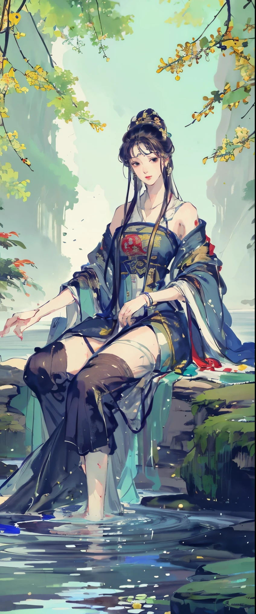 ((masterpiece, highest quality, Highest image quality, High resolution, photorealistic, Raw photo, 8K)), Wu Guanzhong styl, A young woman is bathing in the river, beautiful portrait, casual pose, thighs visible, In Dynamic Pose, legs spread apart,