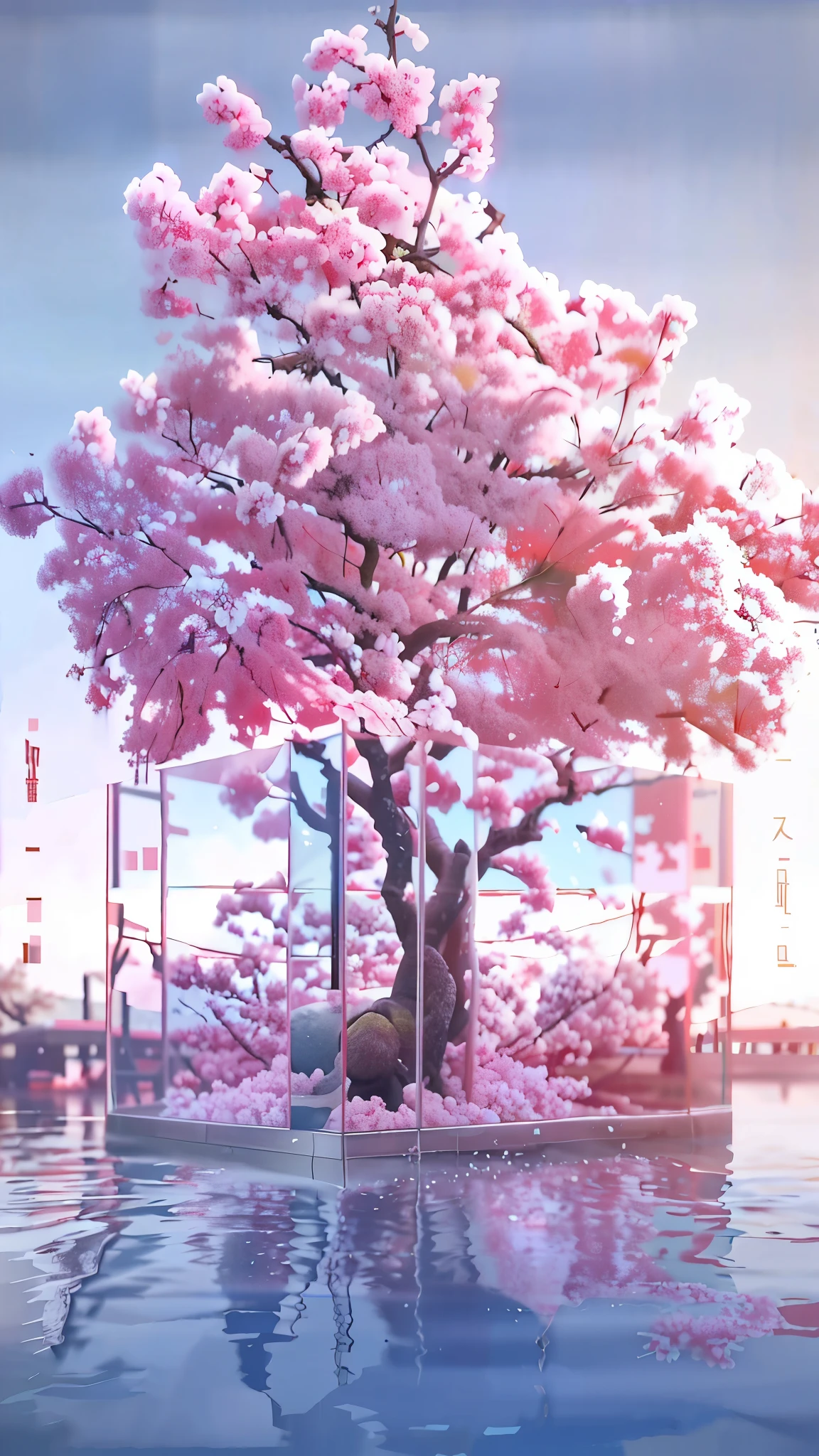 装在玻璃里的Cherry blossoms树, Cherry blossoms tree, hummingbird. hyperrealism, Cherry tree, Cherry blossoms, Japaneseism 3D 8K Ultra Detailed, water，glass texture
