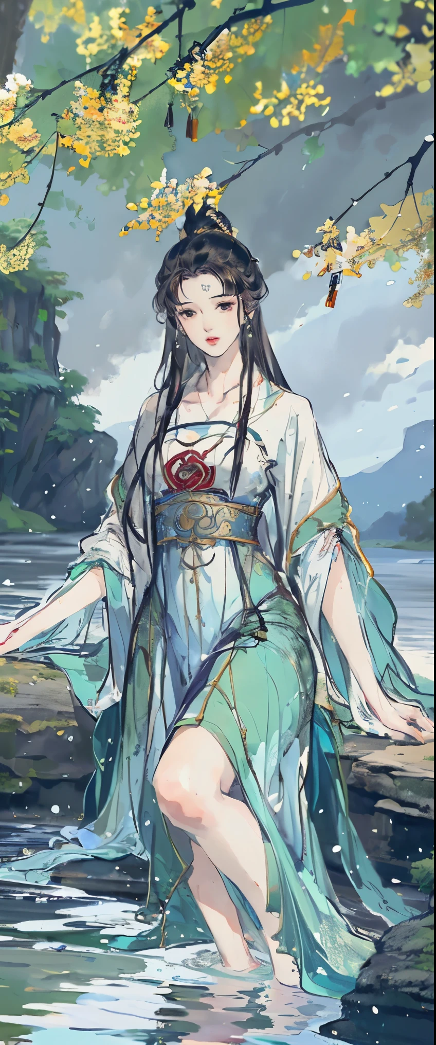 ((masterpiece, highest quality, Highest image quality, High resolution, photorealistic, Raw photo, 8K)), Wu Guanzhong styl, A young woman is bathing in the river, beautiful portrait, casual pose, thighs visible, In Dynamic Pose, legs spread apart,