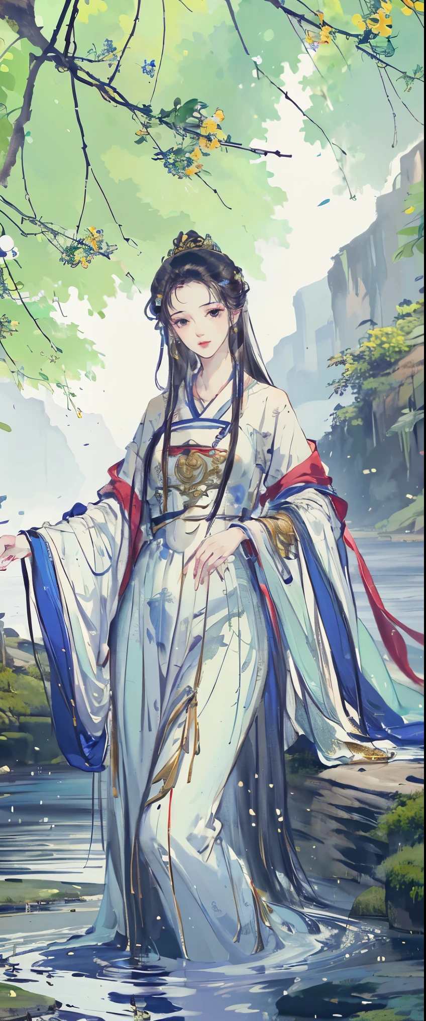 ((masterpiece, highest quality, Highest image quality, High resolution, photorealistic, Raw photo, 8K)), Wu Guanzhong styl, A young woman is bathing in the river, beautiful portrait, casual pose, thighs visible, In Dynamic Pose, legs spread apart,