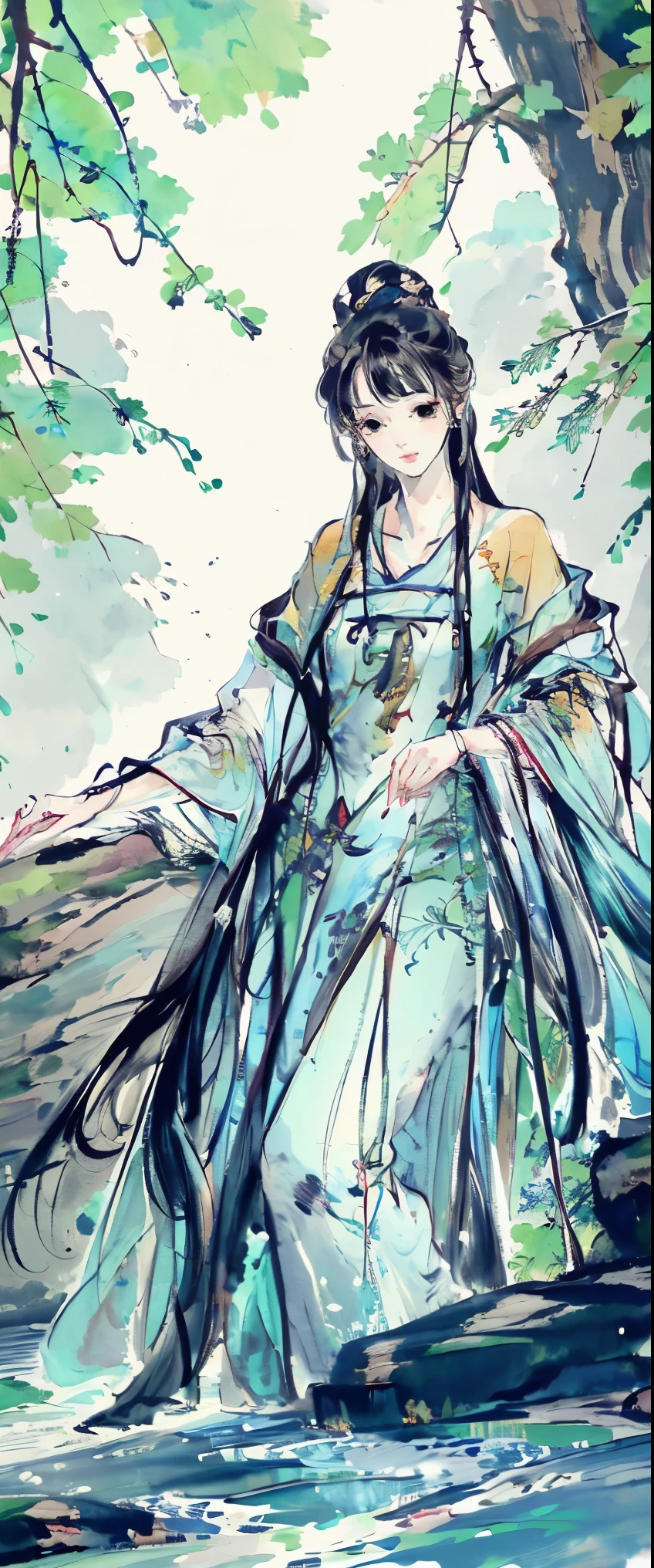 ((masterpiece, highest quality, Highest image quality, High resolution, photorealistic, Raw photo, 8K)), Wu Guanzhong styl, A young woman is bathing in the river, beautiful portrait, casual pose, thighs visible, In Dynamic Pose, legs spread apart,