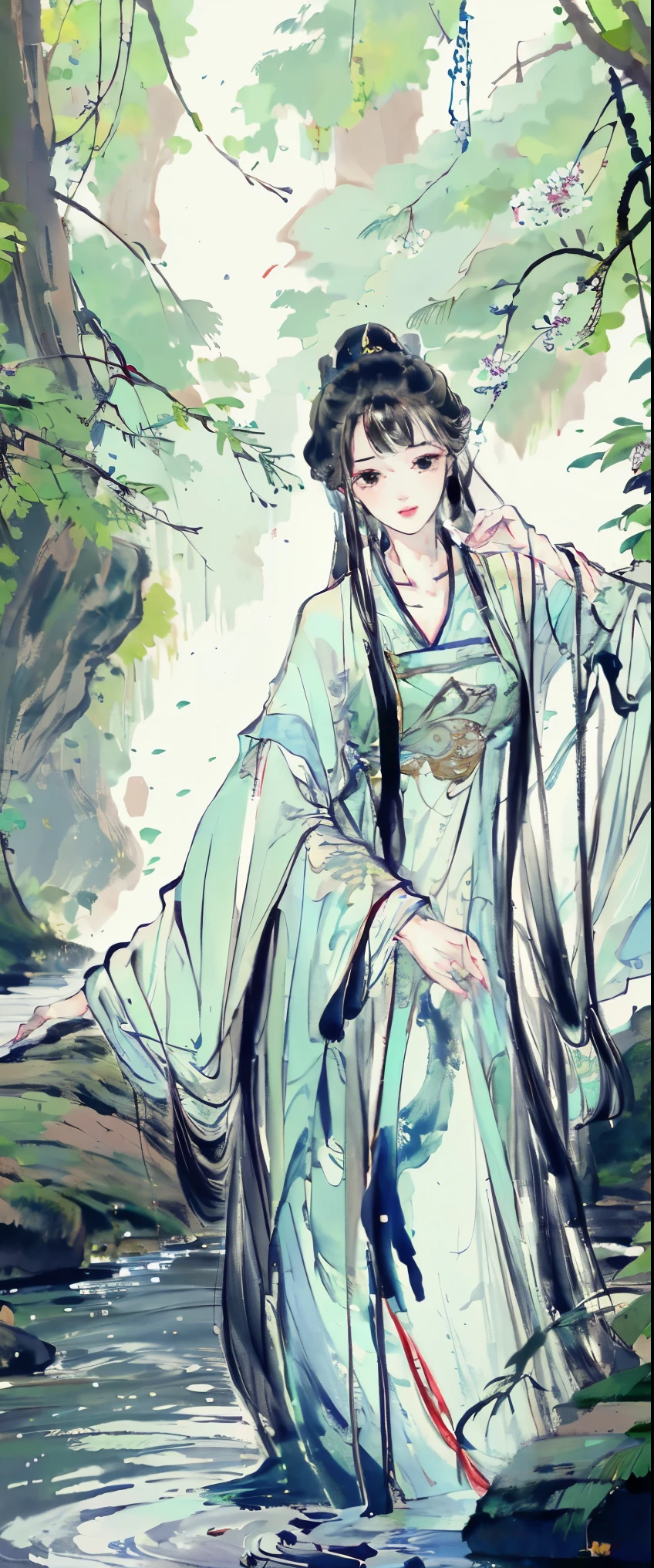 ((masterpiece, highest quality, Highest image quality, High resolution, photorealistic, Raw photo, 8K)), Wu Guanzhong styl, A young woman is bathing in the river, beautiful portrait, casual pose, thighs visible, In Dynamic Pose, legs spread apart,