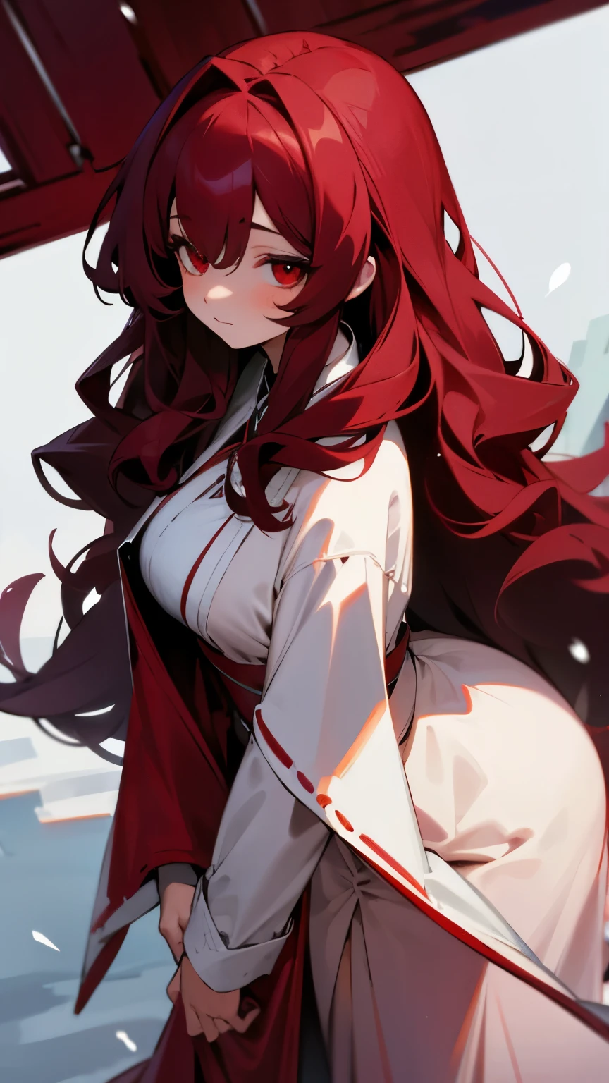 Burgundy long curly hair,red eyes,Thick clothes,robe,Snow