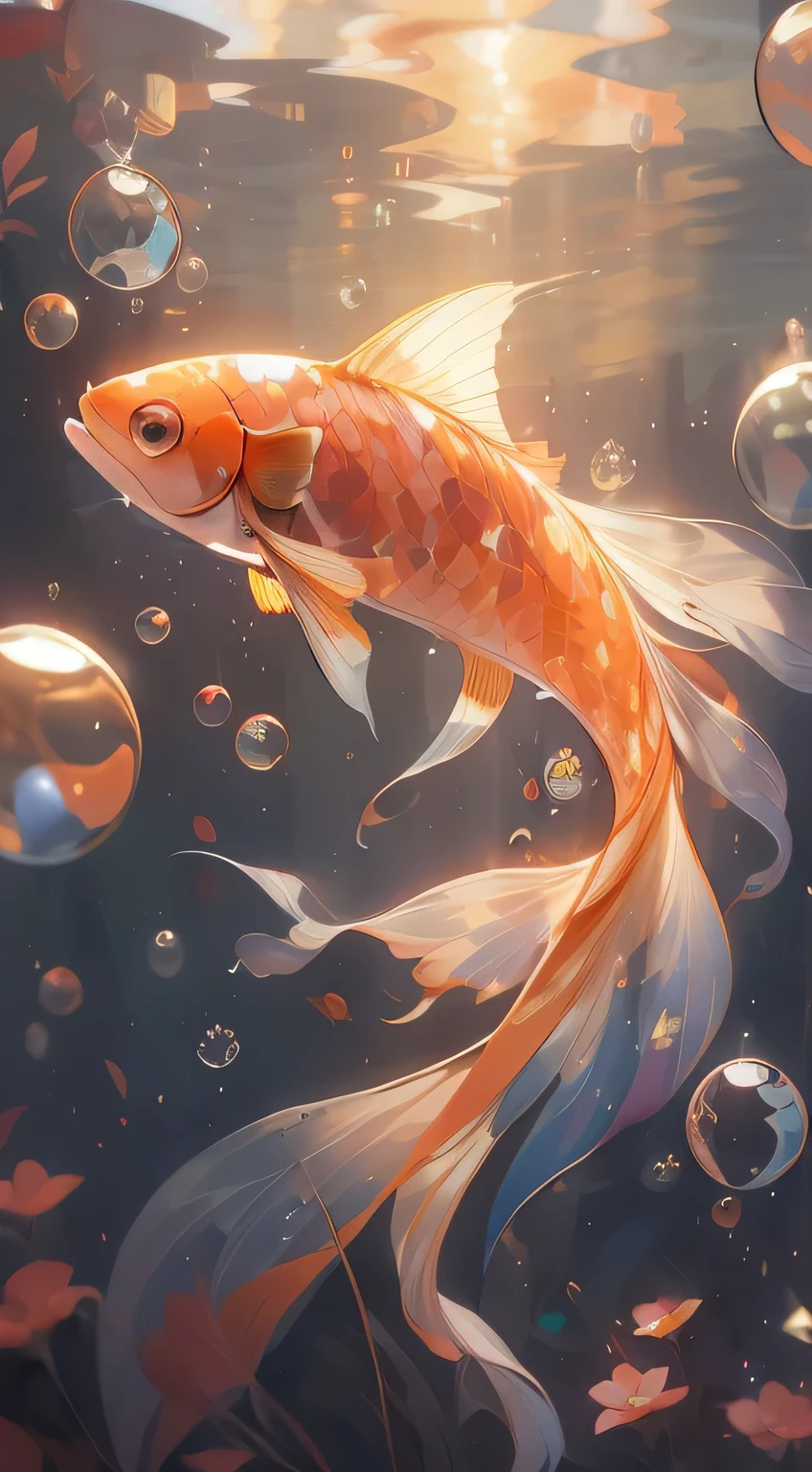 A goldfish with a big long tail,Decorate with flowers, Beautiful digital illustrations, beautiful digital artwork, A beautiful artistic illustration, Stunning digital illustrations, Require fish, Beautiful digital illustration, floating Require fish, Gorgeous digital art, Require fish floating in space, very beautiful digital art, beautiful digital art, beautiful Gorgeous digital art, Lovely and detailed digital art, Chinese art style, Require