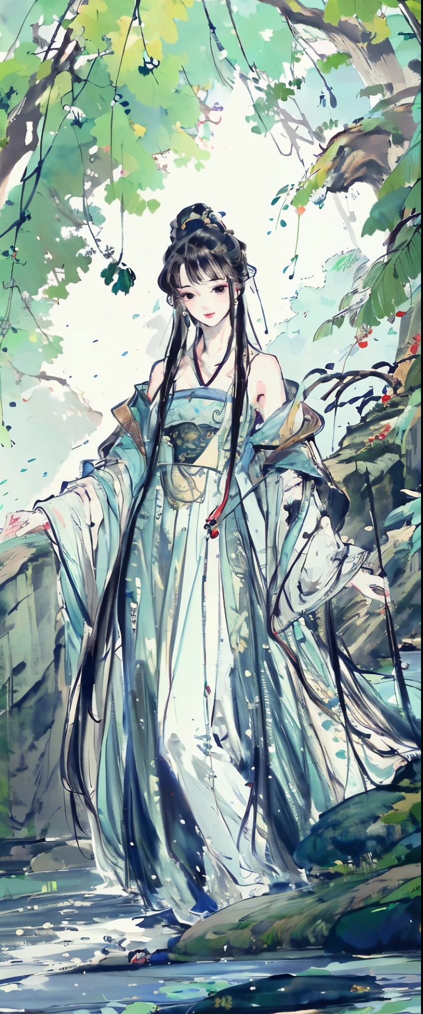 ((masterpiece, highest quality, Highest image quality, High resolution, photorealistic, Raw photo, 8K)), Wu Guanzhong styl, A young woman is bathing in the river, beautiful portrait, casual pose, thighs visible, In Dynamic Pose, legs spread apart,