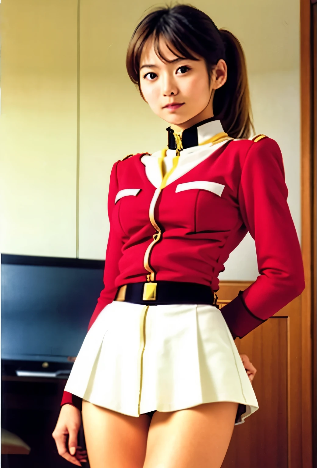 real photos、Highest imYear quality、Beautiful woman、beautiful thighs、beautiful face、real imYear、federal army uniform uper mini skirt、white panties、ponytail、Yuriko Yoshitaka、16Year日本人女性、Mrs. Bowe、pretty girl、white pantiesーが丸見え、1６Year、（white pantiesー:1.3）、super mini skirt、beautiful thighs、white pantiesー、赤いミニスカートがめくれてwhite pantiesーが見えてる