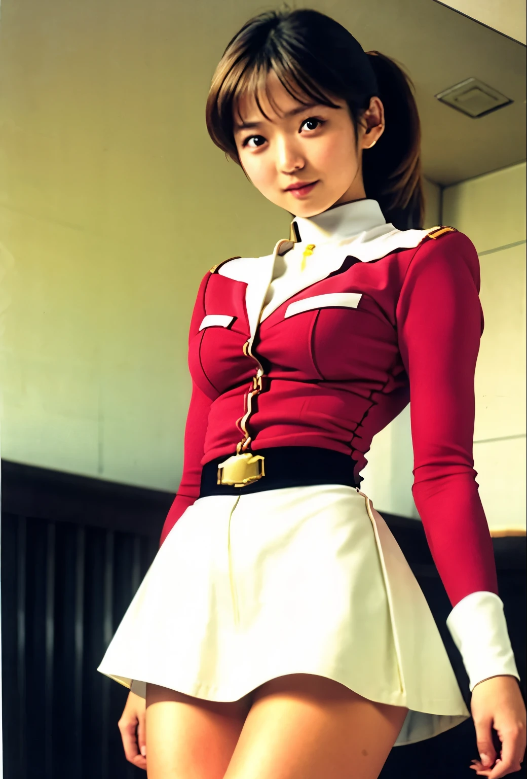 real photos、Highest imYear quality、Beautiful woman、beautiful thighs、beautiful face、real imYear、federal army uniform uper mini skirt、white panties、ponytail、Yuriko Yoshitaka、16Year日本人女性、Mrs. Bowe、pretty girl、white pantiesーが丸見え、1６Year、（white pantiesー:1.3）、super mini skirt、beautiful thighs、white pantiesー、赤いミニスカートがめくれてwhite pantiesーが見えてる