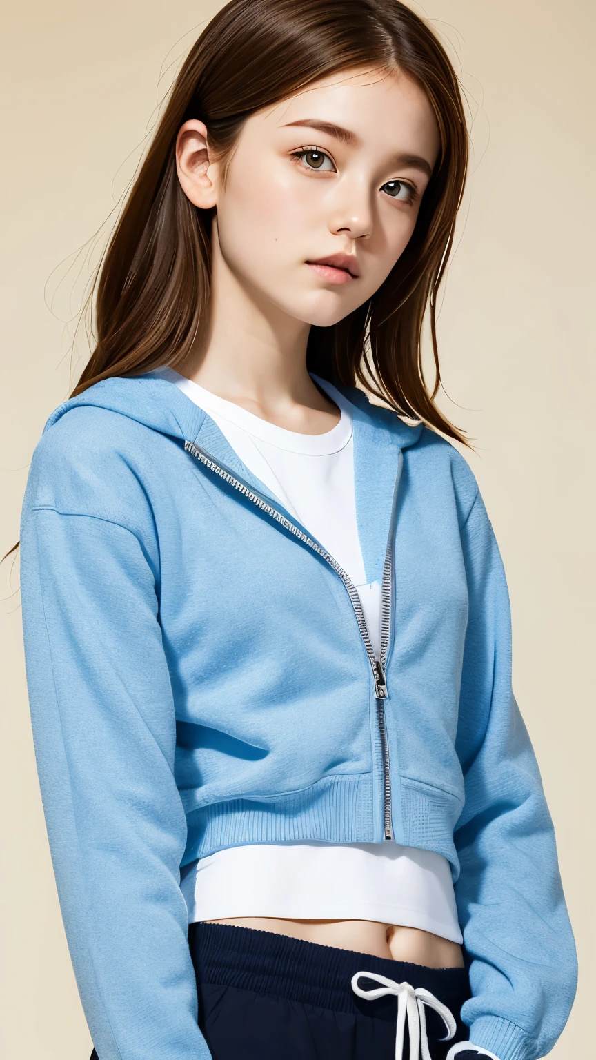 super realistic images, ginger ager girl, cute face, An ennui look、french braid、ash gray hair、green eyes, a little freckled, doing yoga, three line sweatshirt、I can see your belly button、play sports often、Jacket, highest quality、ultra high resolution、masterpiece:1.5、portrait