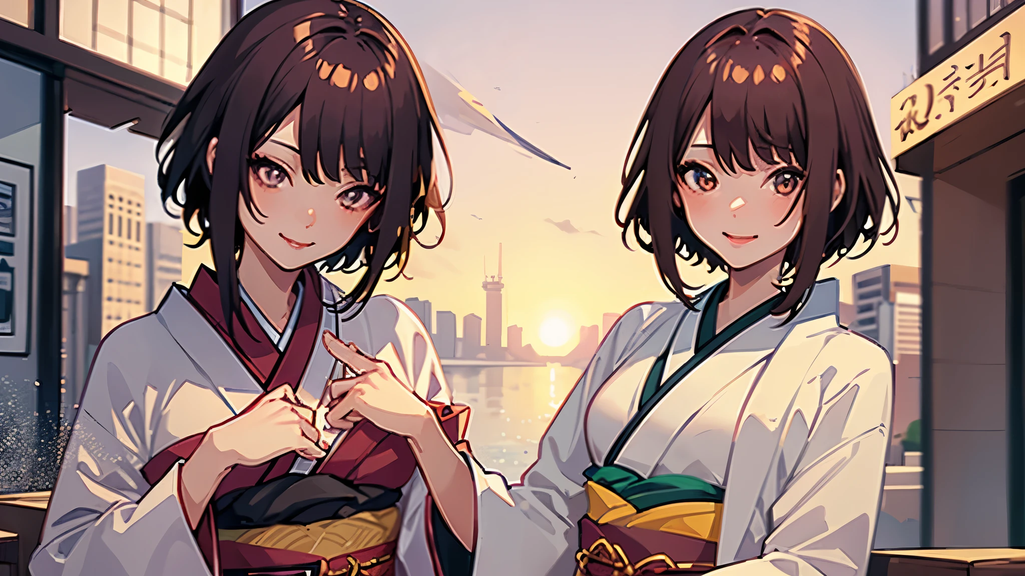 1 girl, alone, kimono, short hair, arms, sword, brown eyes, looking at the viewer, kimono, brown hair, lips, put your hand on your waist, sheath, smile, knife, black hair, Upper body, closed mouth, sheathed, raise your hand  