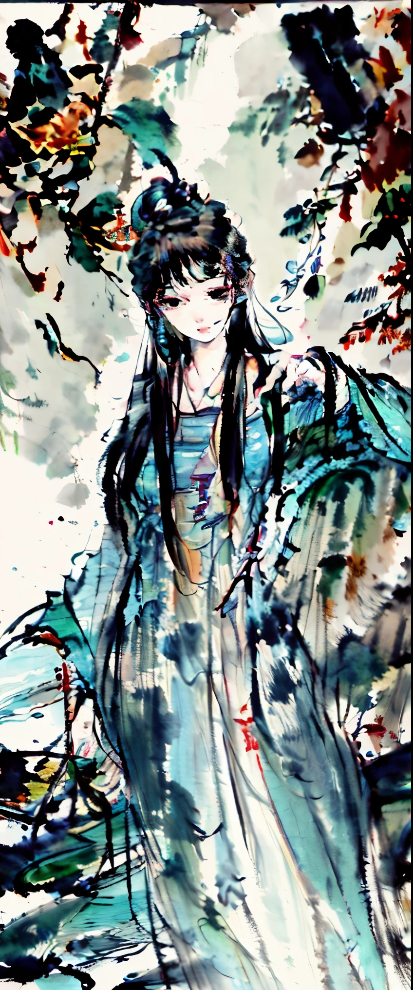 ((masterpiece, highest quality, Highest image quality, High resolution, photorealistic, Raw photo, 8K)), Wu Guanzhong styl, A young woman is bathing in the river, beautiful portrait, casual pose, thighs visible, In Dynamic Pose, legs spread apart,