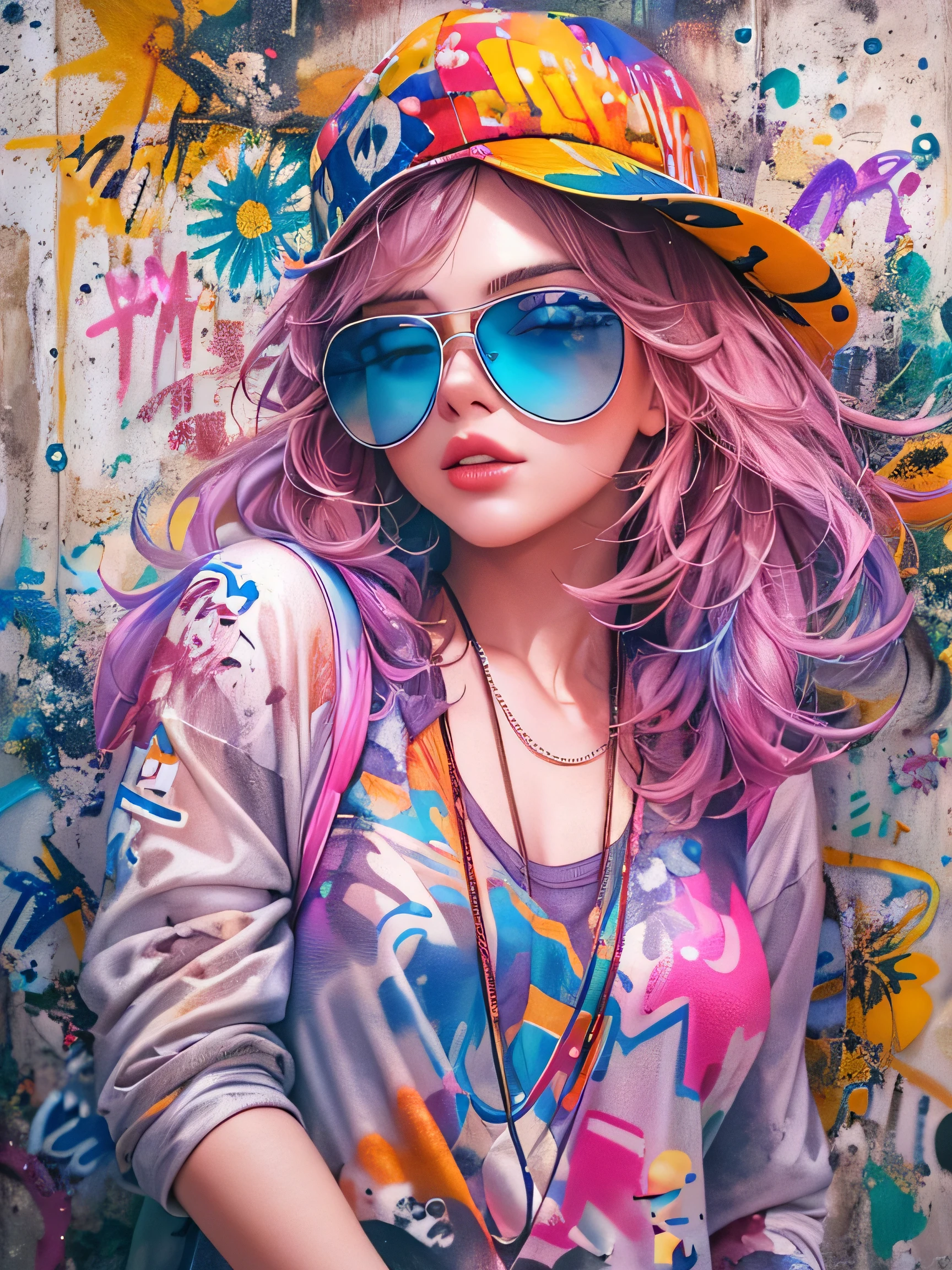 8K quality, watercolor painting, stylish figure, (((The strongest beautiful girl of all time))), Stylish sunglasses, Fashionable hats, (((highest quality))), bob hair, HDR, Detailed details, trending fashion, detailed clothing texture, (((graffiti art))), colorful hair, ((masterpiece))、((Super detailed))、colorful flowers