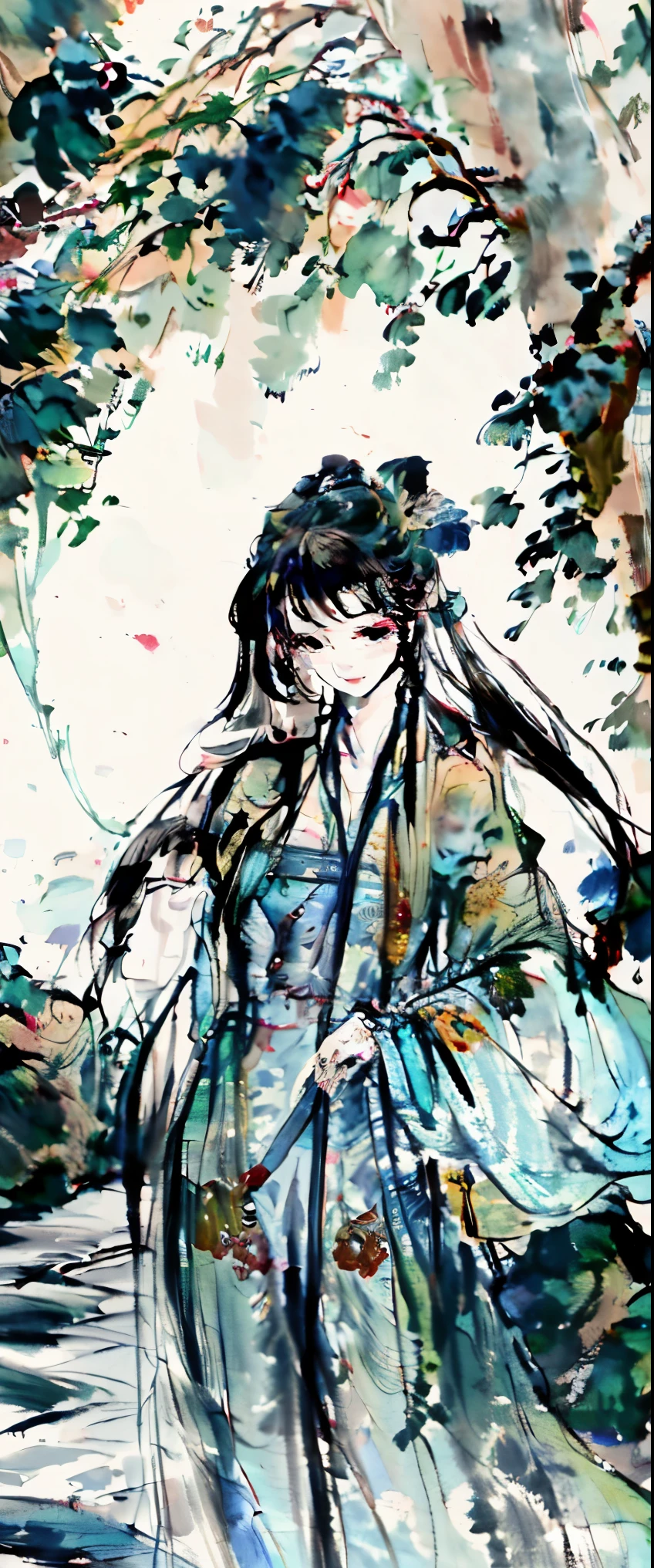 ((masterpiece, highest quality, Highest image quality, High resolution, photorealistic, Raw photo, 8K)), Wu Guanzhong styl, A young woman is bathing in the river, beautiful portrait, casual pose, thighs visible, In Dynamic Pose, legs spread apart,
