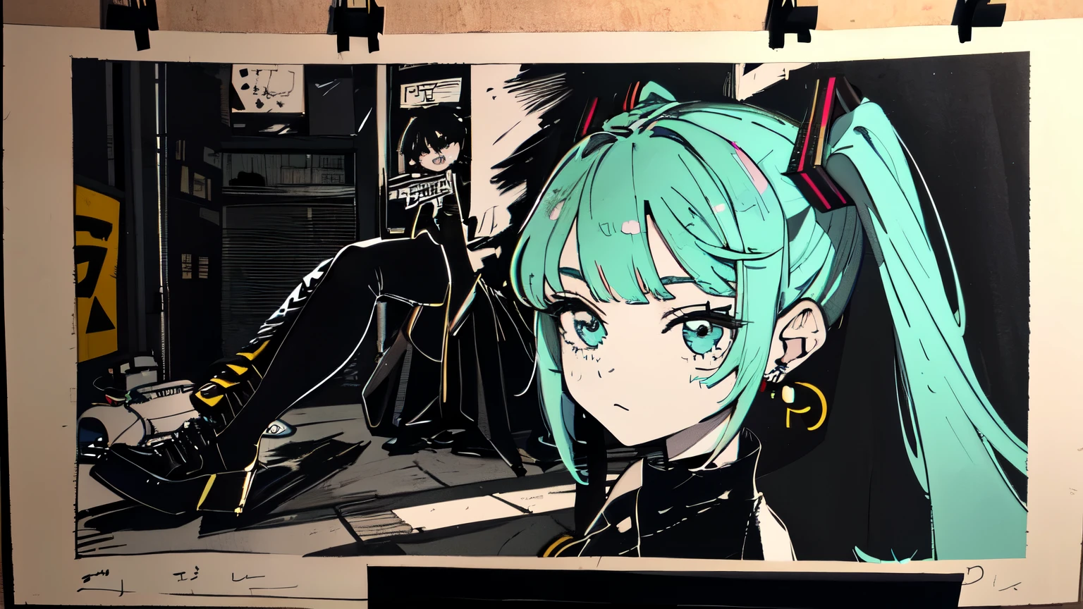 highest quality, High resolution, hatsune miku, emo, mascara, black t-shirt, black skirt, pantyhose, High shoes, concert, studio, amplifier, messy room, cable, night, choker, earrings, dark eyeliner, dark eye makeup, pale complexion, spike accessories, Wristband, complex background, blink, graffiti, drink,poster, background, Pindets, looking at my feet, looking at the tips of the shoes, looking down