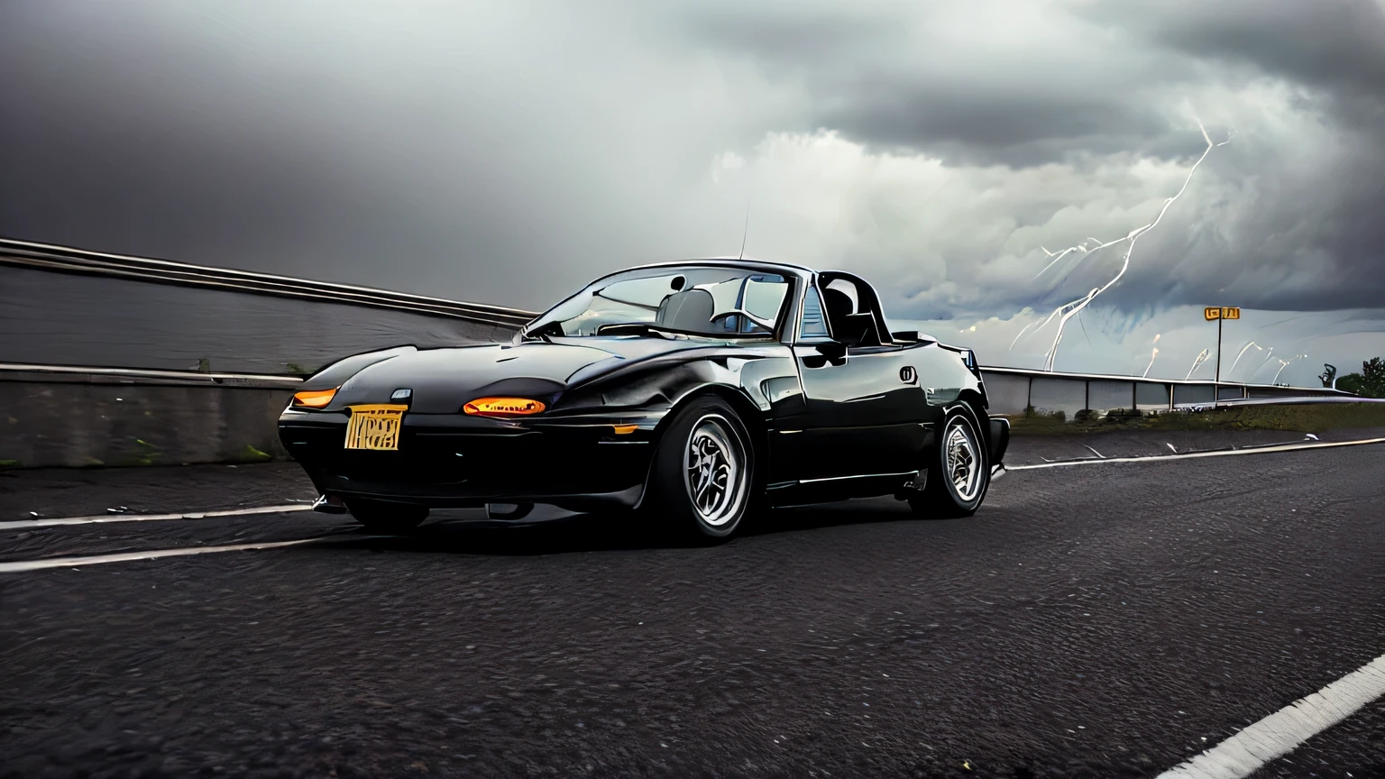 a 1989 mazda miata car drives at high speed along the highway, it is pursued by a black cloud of a storm, which travels like a wall, spreading along the asphalt with lightning, view from afar, night city background, 