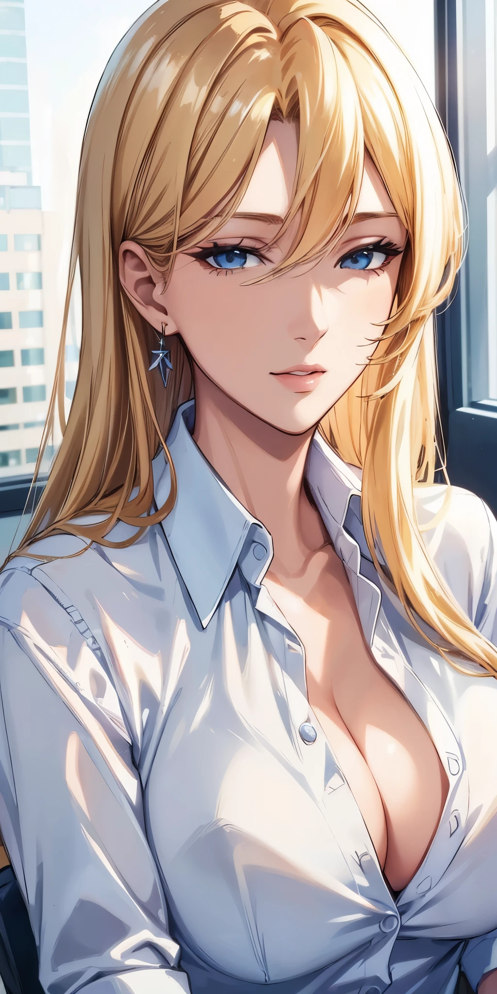 (best quality, highres), portrait, elegant boss lady, long straight hair, swept-side bang, [[[brown hair]]], blonde hair, high detailed eyes, transparent office shirt, see through shirt, cleavage, office window, flat color