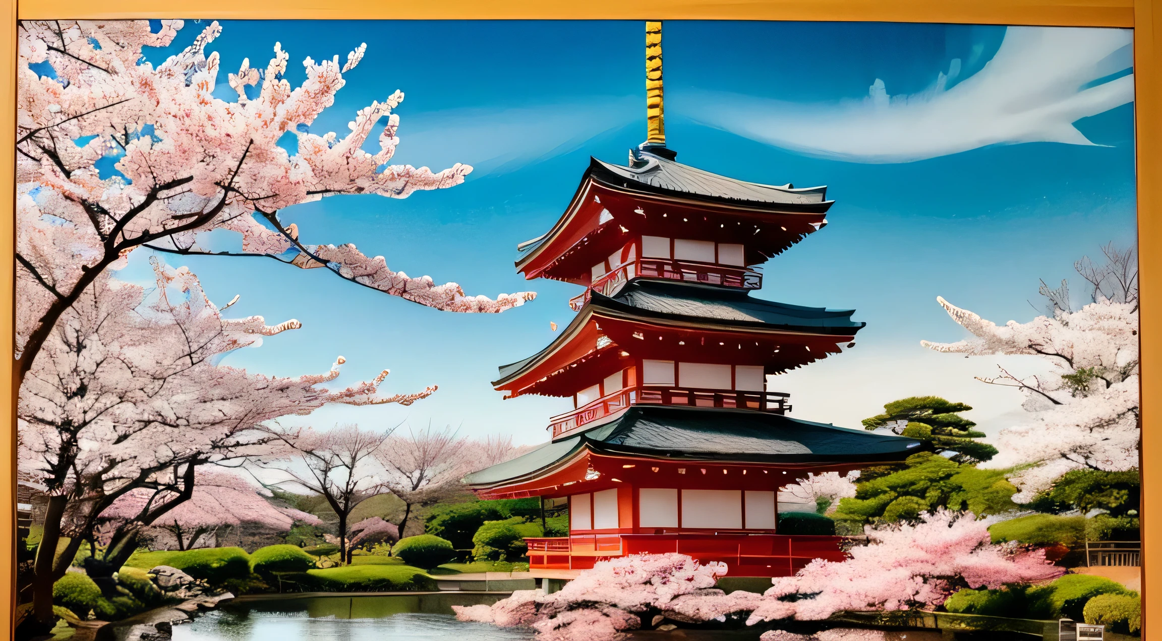 Japanese garden　Ukiyo-e style　landscape　Pop music　colorful　enlightenment　cherry blossoms