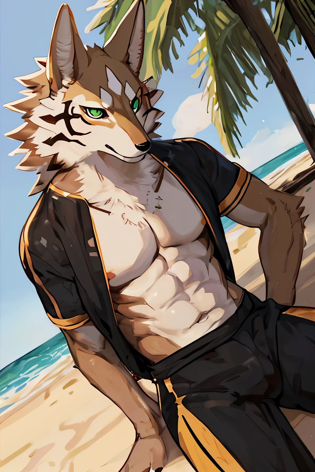 ((By Bebebebebe, by SpiritD, by K0BIT0WANI, best quality, masterpiece, perfect anatomy, detailed picture)), 1female, Seth, (Tokyo Afterschool Summoner), sexy body, bikini, brown furs, jackal, black sclera, green eyes, red blushing, shy, in the beach, front view