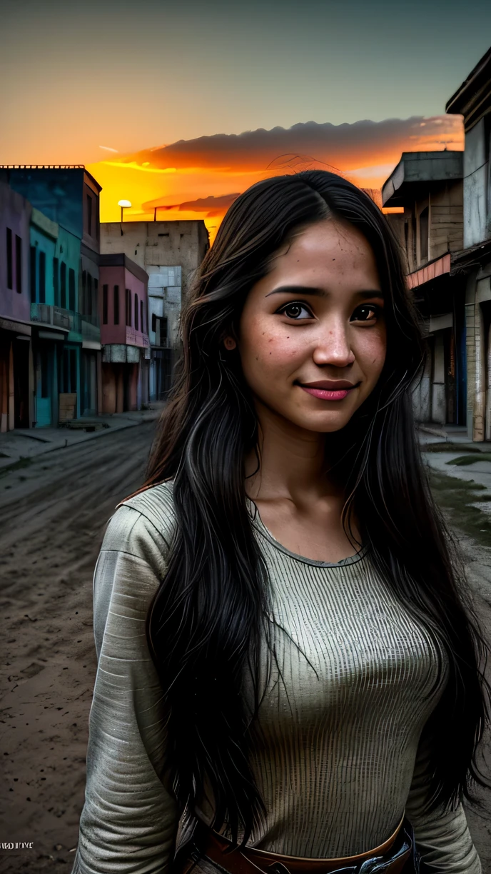 Foto hiperrealista en primer plano de Kelsey Asbille, masterpiece, best quality, (photorealistic:1.4), (25 year old Mexican girl) Create dystopian masterpieces. Western theme, dusty atmosphere, wooden buildings, a setting sun casting long shadows, aged and worn costumes, anticipation in the air, intense standoff, empty street, deserted town, beautiful woman, skinny, large big breasts, black long hair, detailed face, smile, facing the camera, photo taken from a distance, age of 25 years old