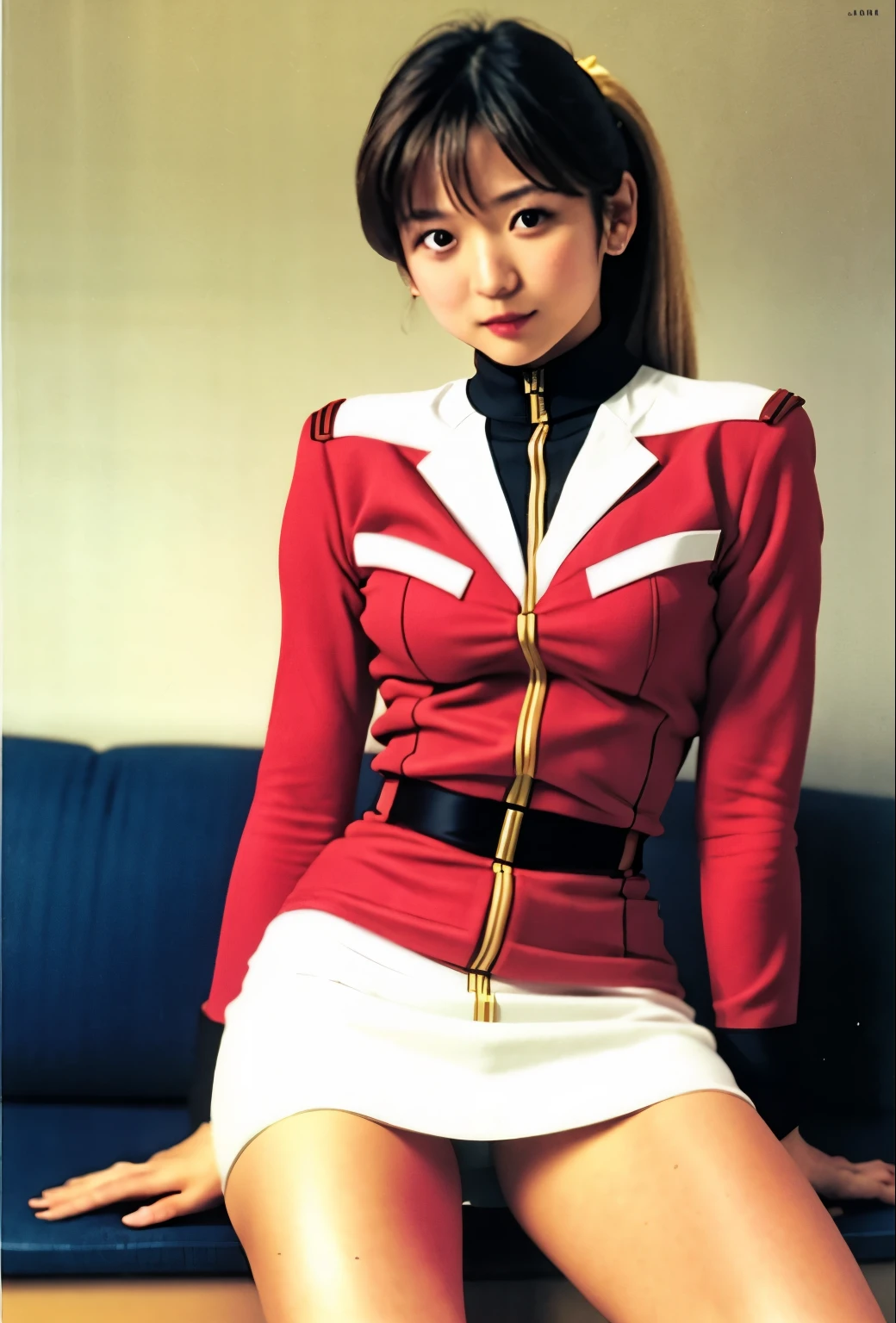 real photos、Highest imYear quality、Beautiful woman、beautiful thighs、beautiful face、real imYear、federal army uniform miniskirt、ponytail、Yuriko Yoshitaka、Year日本人女性、Mrs. Bowe、pretty girl、white pantiesが丸見え、1６Year、（white panties:1.3）、super mini skirt、beautiful thighs、white panties、赤いミニスカートがめくれてwhite pantiesが見えてる