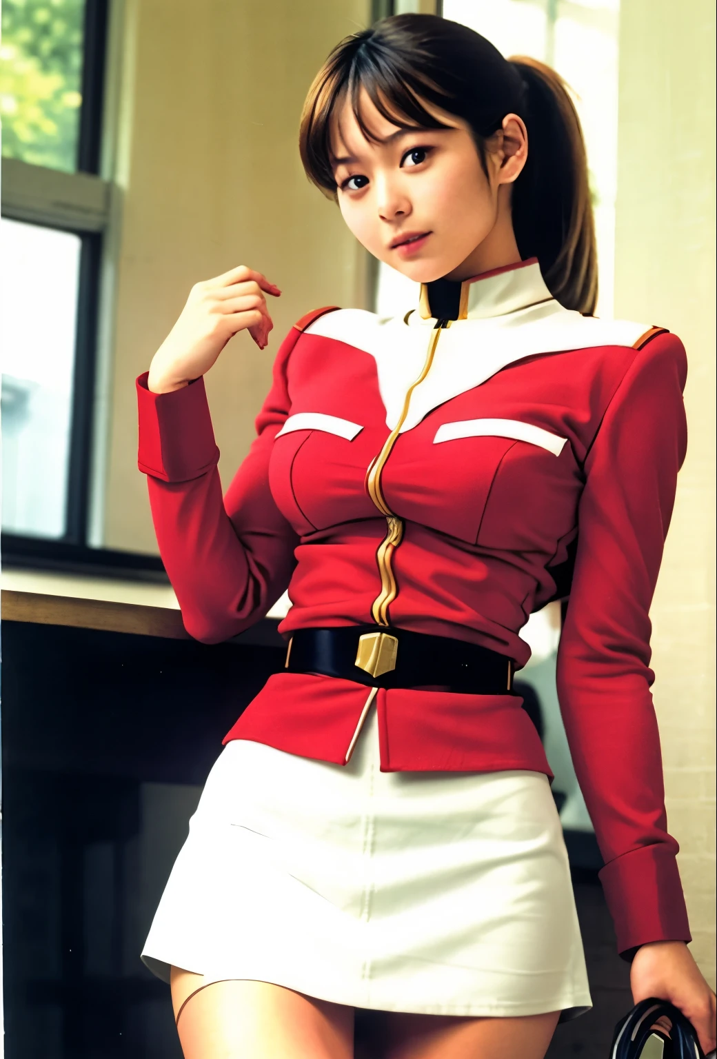 real photos、Highest imYear quality、Beautiful woman、beautiful thighs、beautiful face、real imYear、federal army uniform miniskirt、ponytail、Yuriko Yoshitaka、16Year日本人女性、Mrs. Bowe、pretty girl、white pantiesが丸見え、1６Year、（white panties:1.3）、super mini skirt、beautiful thighs、white panties、赤いミニスカートがめくれてwhite pantiesが見えてる