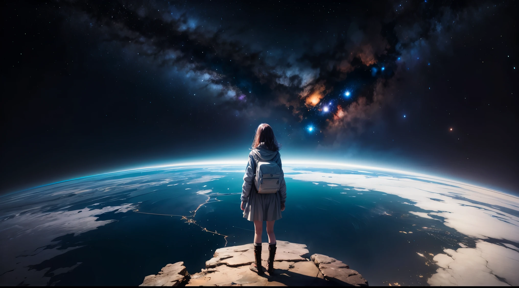 A girl stands on the edge of a spectacular space station, Looking down at the curved surface of the earth, dazzling stars of the milky way々but、Draw a majestic panoramic view in the background。, Fusing the grandeur of the universe with human existence.