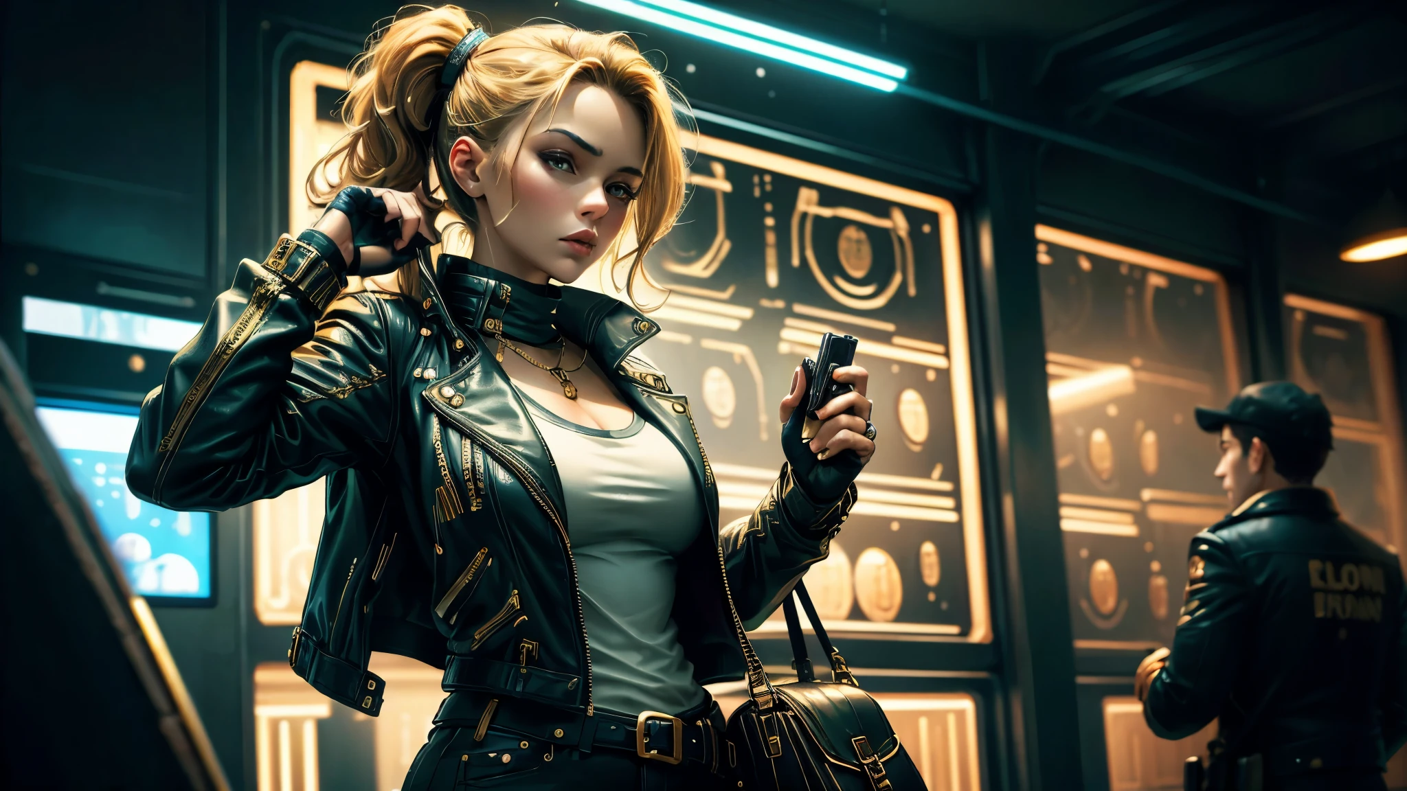 Image designer "cyberpunk & Realistic". Futuristic image of a perfectly tattooed woman with a high-tech mechanical prosthesis.. Ощутите эстетику cyberpunkа с помощью неоновых огней и светящихся татуировок., while maintaining a realistic depiction of her features. "lighting" Динамическое неоновое освещение с естественными источниками света для выделения татуировок и протезов в стиле cyberpunk, while maintaining realistic shadows and highlights.. "Camera positioning" Off-center camera position and close-up, съемка динамичной позы для детальной демонстрации татуировок в стиле cyberpunk и высокотехнологичных протезов.. "Color palette" cyberpunk-inspired color palette with neon shades like electric blue, fluorescent pink, and glowing green, complemented by realistic skin tones and metallic accents, symbolizing advanced technologies...