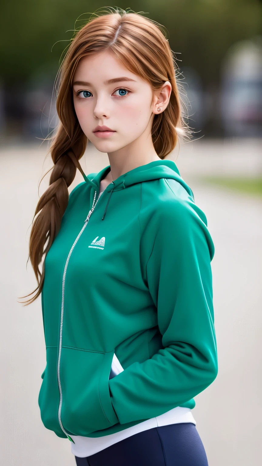 super realistic images, ginger teenager girl, cute face, An ennui look、french braid、ash gray hair、green eyes, a little freckled, doing yoga, three line sweatshirt、I can see your belly button、play sports often、Jacket, highest quality、ultra high resolution、masterpiece:1.5、portrait