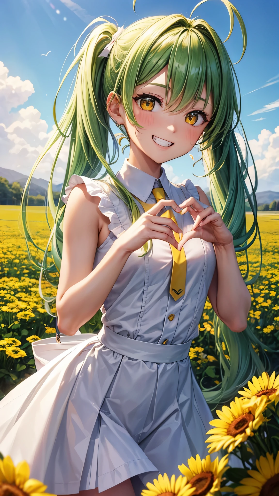 perfect anatomy, masterpiece:1.4, best quality, 8k, beautiful detailed grow, daydreaming expression, upper body ((Heart hands)) ((lovely smile, toothy grin)) (solo ponytail green hair long hair divine girl, , cute yellow eyes), break, in a white spring suit, skirt, break, in the many Yellow Gypsophila field.