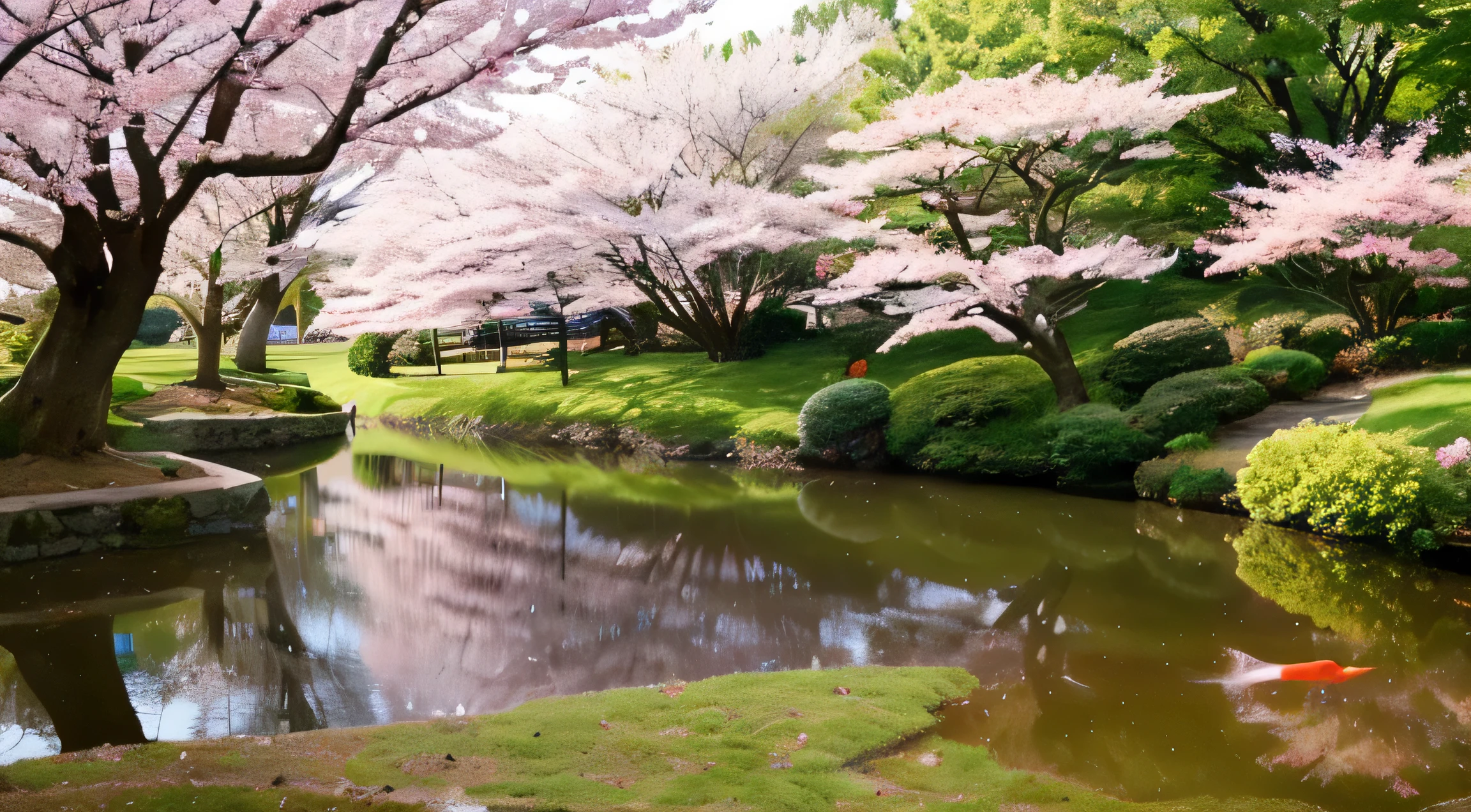 Japan、静かなJapan庭園, Cherry tree in full bloom、Koi Pond、最high quality、high quality、landscape Pop music colorful、