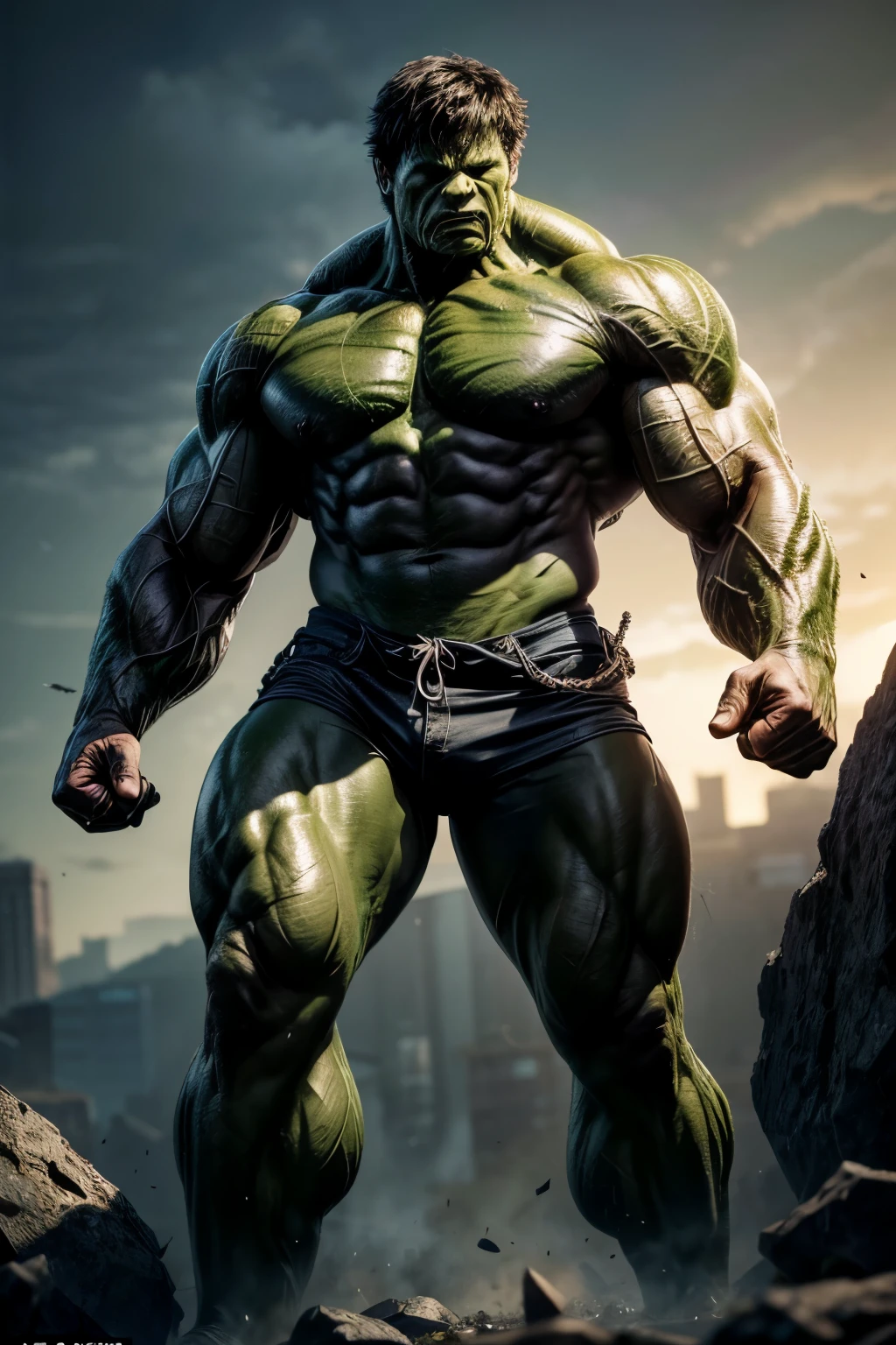 Best quality, high resolution, Masterpiece: 1.3, Powerful and Incredible Hulk, Masterpiece, Fury, Detailed Musculature, Dark Green Skin, Veins Popping, Bulging Muscles, Intense Expression, Crushed Earth, Broken Rocks, Bondage, Ripped Clothes, Determined Stance, Angry Eyes, Clenched Fists, Realistic, 3D Octane Rendering, Ray Tracing, Super Detailing Viewer.

The Incredible Hulk, in his full fury, stands towering over the scene, his dark green skin glistening with beads of sweat as the veins