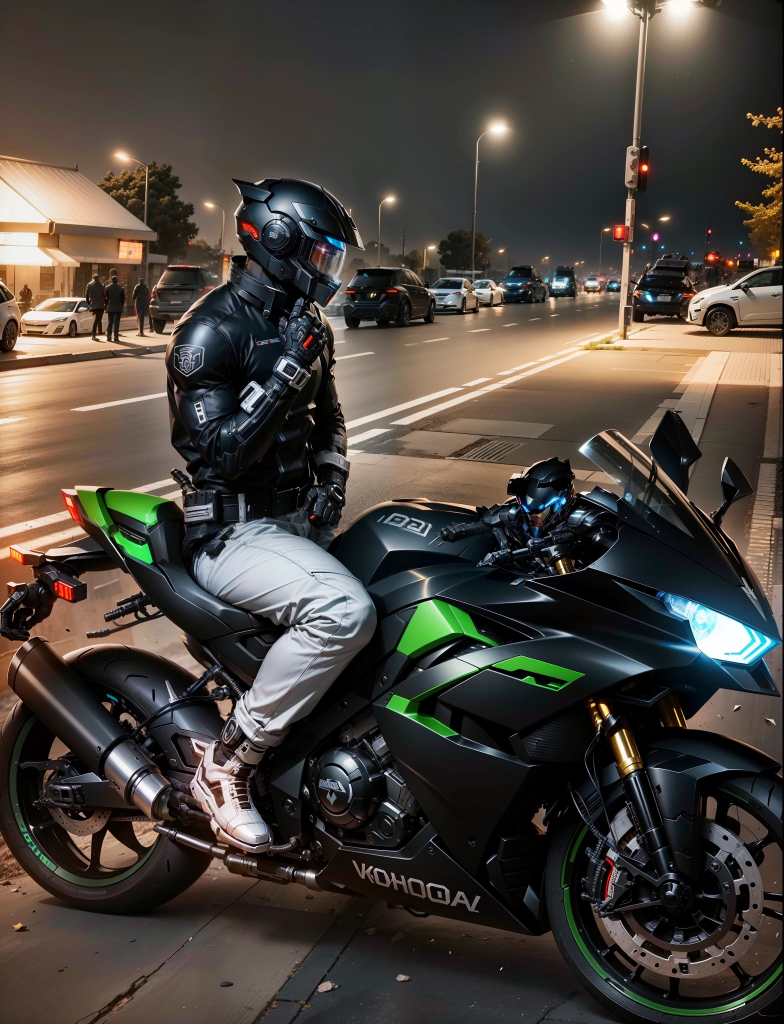 Handsome black mecha cyber warrior，Information mechanical motorcycle，High-tech black full-face helmet，Noor， Biomechanics SHN People，High-tech helmet，surreal， steel， complex design， Very detailed very detailed， The lines are extremely clear， Light， real picture， A meticulous masterpiece