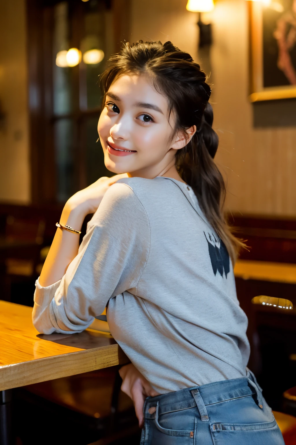 highest quality, masterpiece, ultra high resolution,(realistic:1.4), (RAW photo:1.2), (sit on a chair:1.2), (Detailed ass:1.1), at the restaurant,half_smile, fine eyes, (looking at the viewer:1.2), (gray casual clothes), (casual pants:1.2), (beautiful face:1.2), (french twist:1.2), huge , girl, 18-year-old, deep shadow, dark theme, heart tattoo on neck, earrings, cute necklace
