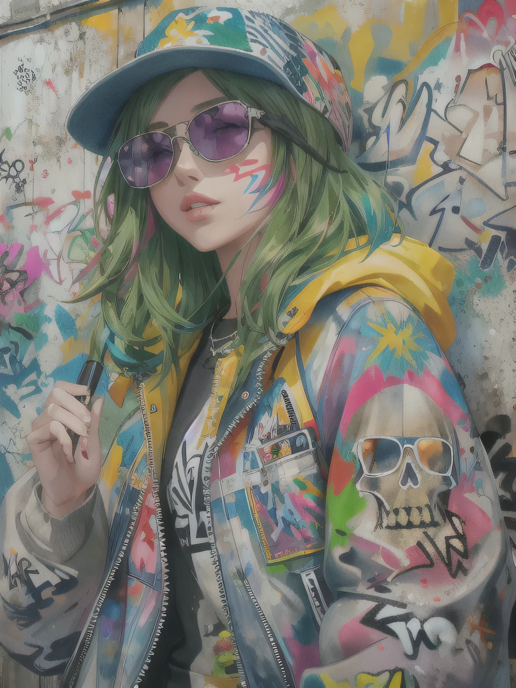 8K quality, watercolor painting, stylish figure, (((The strongest beautiful girl of all time))), gal, Stylish sunglasses, Fashionable hats, (((highest quality))), bob hair, Place your hands on the wall, HDR, Detailed details, skull fashion, detailed clothing texture, (((graffiti art))), colorful hair, ((masterpiece))、((Super detailed))