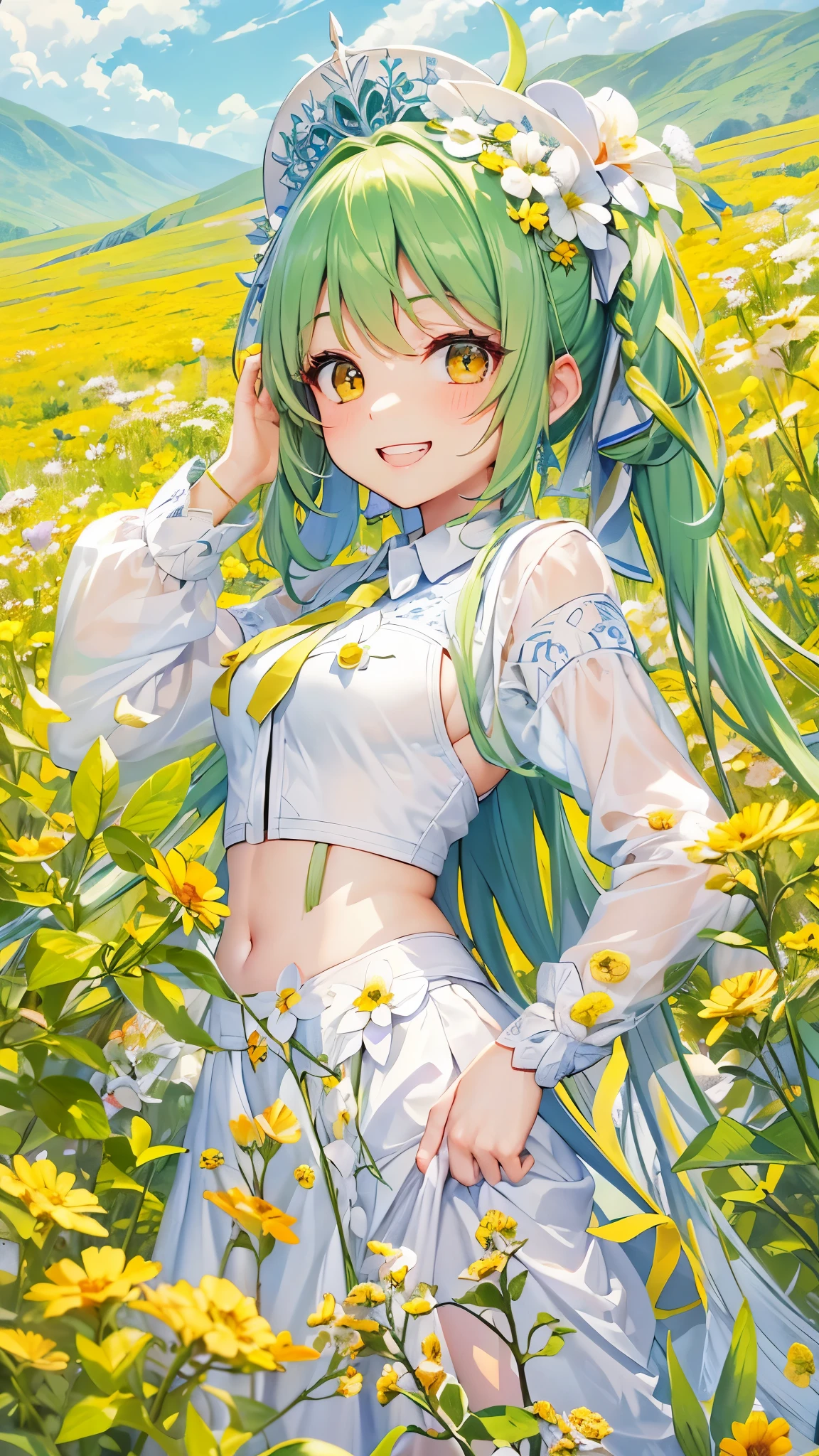 perfect anatomy, masterpiece:1.4, best quality, 8k, beautiful detailed grow, daydreaming expression, upper body ((Heart hands)) ((lovely smile, toothy grin)) (solo ponytail green hair long hair divine girl, 14 yo, cute yellow eyes), break, in a white spring suit, skirt, break, in the many Yellow Gypsophila field.