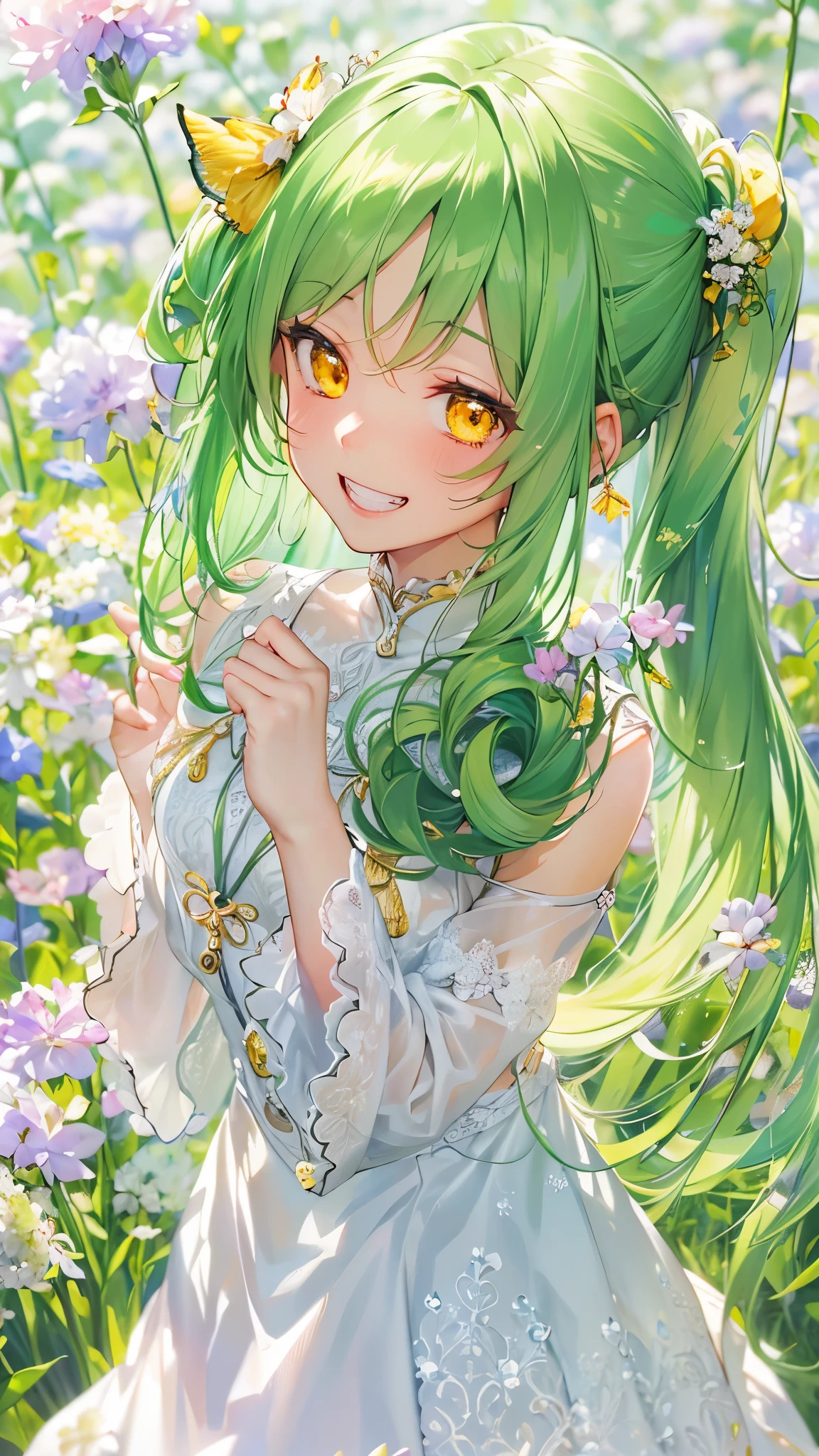 perfect anatomy, masterpiece:1.4, best quality, 8k, beautiful detailed grow, daydreaming expression, upper body ((Heart hands)) ((lovely smile, toothy grin)) (solo ponytail green hair long hair divine girl, , cute yellow eyes), break, in a white spring suit, skirt, break, in the many Yellow Gypsophila field.