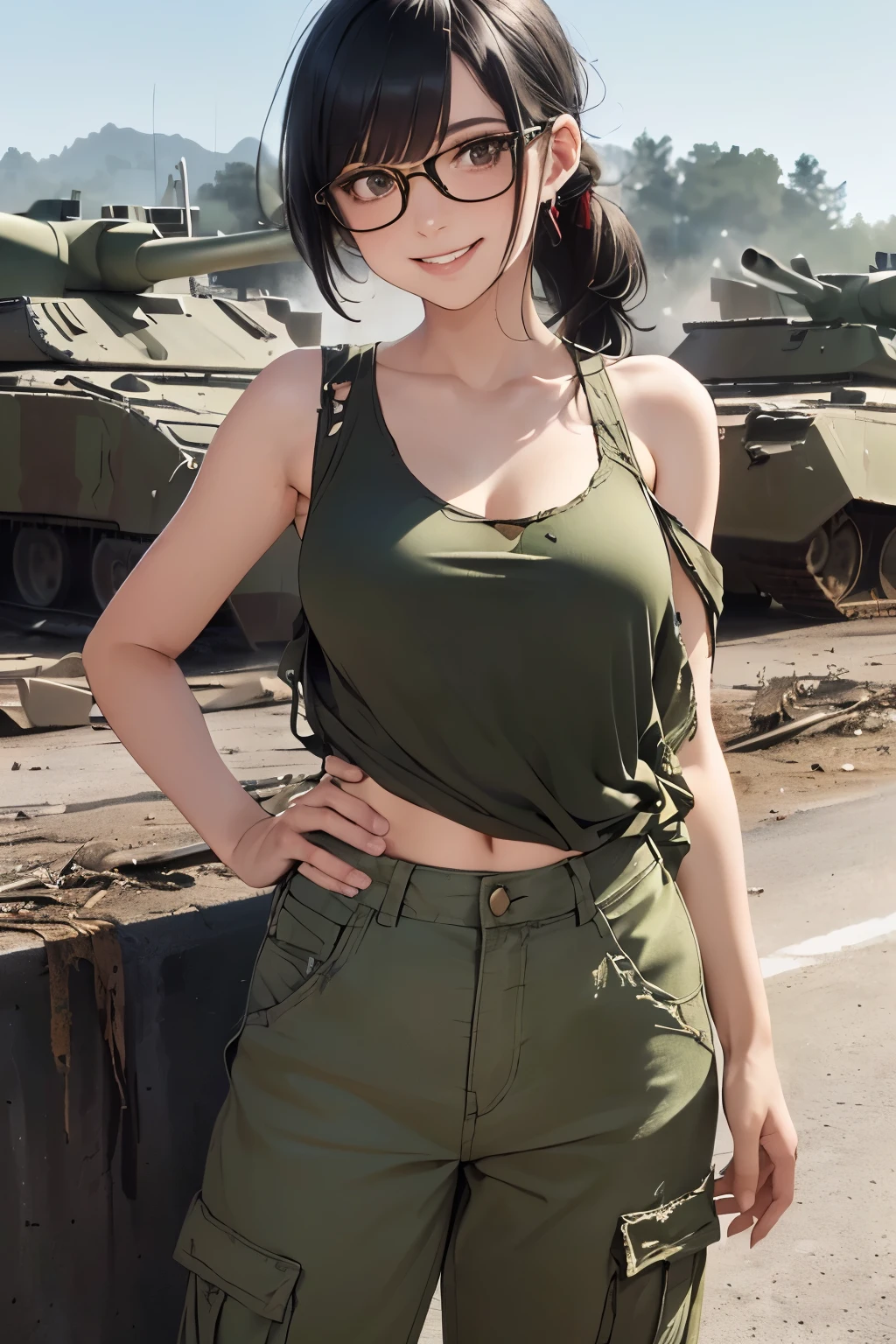 ((wide angle image)), beautiful female veteran, black hair in a ponytail, bangs, wearing large glasses, covering a wound, injured, smiling confidently, (((wearing a white military tank top, layered with a ww2 Oversized military shirt , wearing ww2 military pants Oversized, Off shoulders, Distressed, worn-out))), on the ww2 battlefield