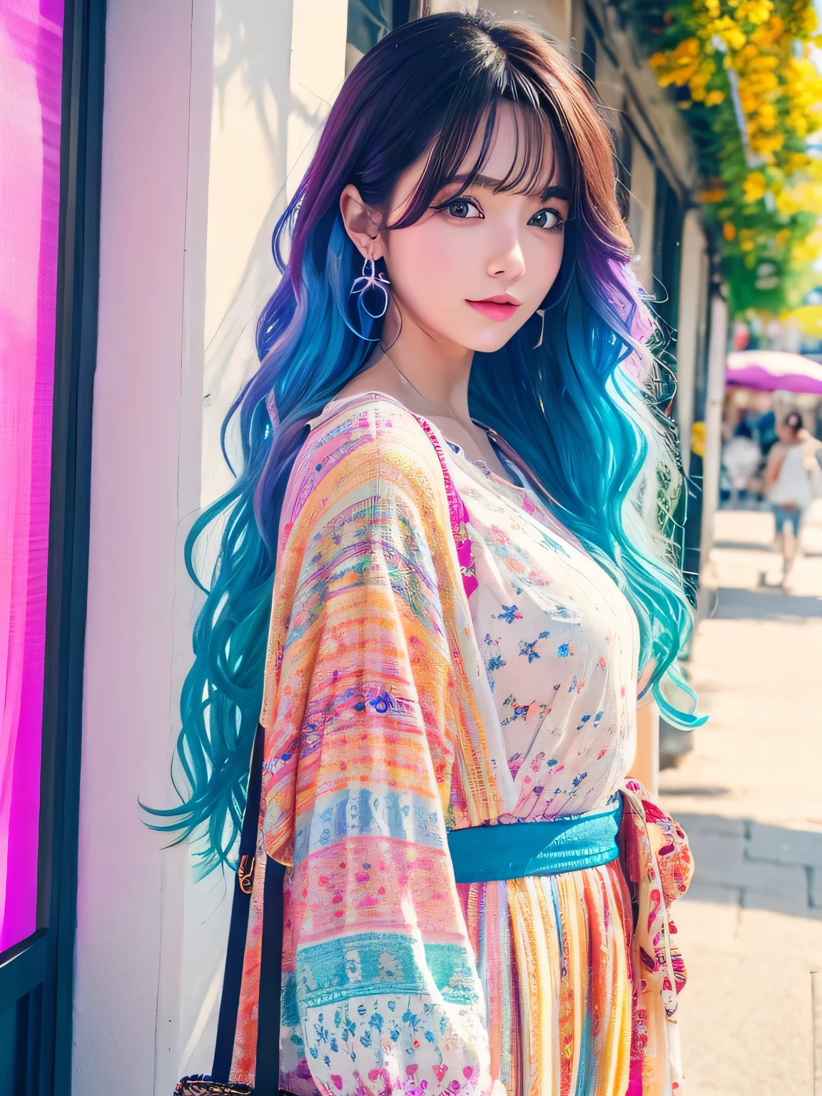 8k, High resolution, high quality, RAW photo, stylish, hisense, fashion, beautiful adult woman, (wavy hair, colorful hair, spring clothes),